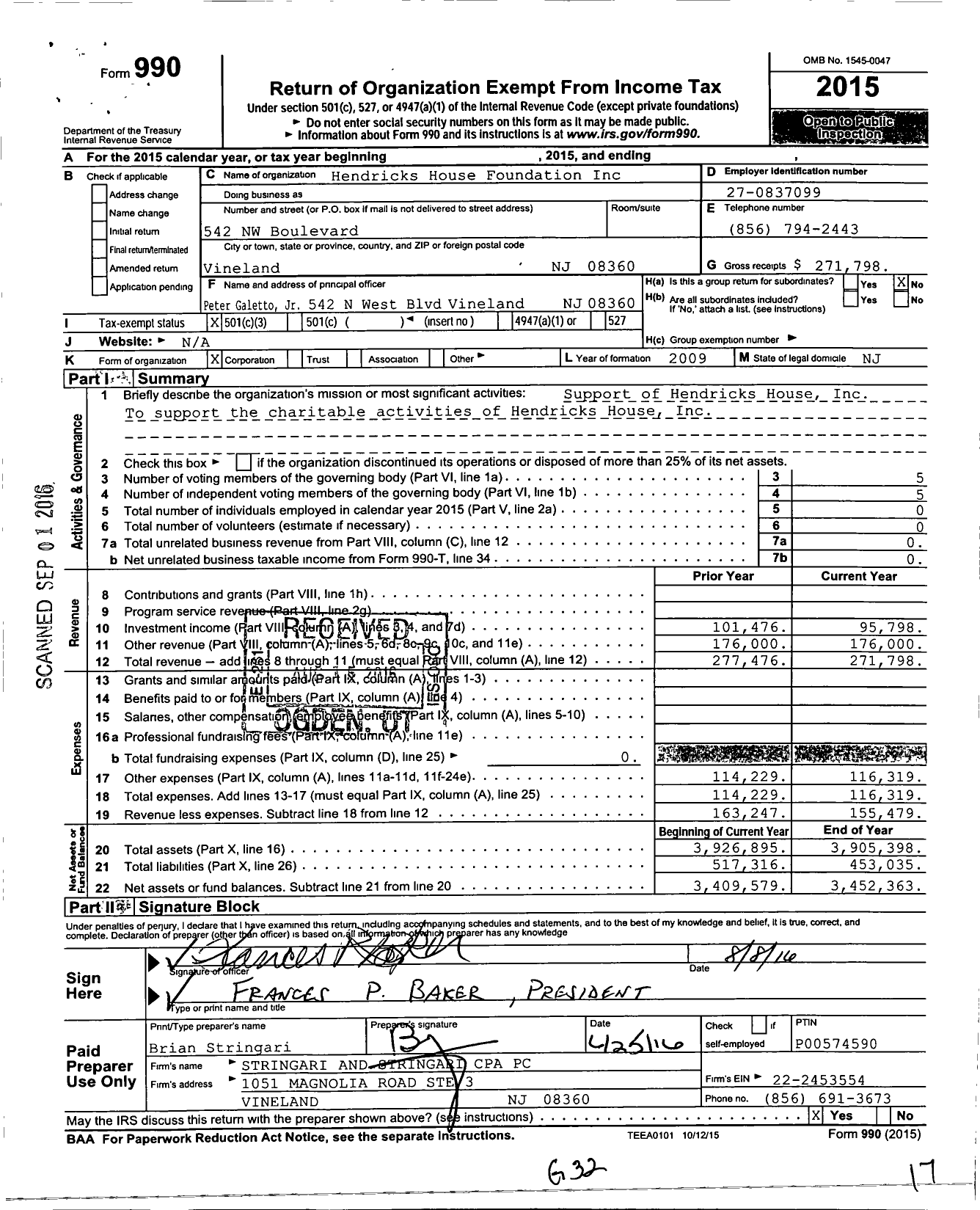 Image of first page of 2015 Form 990 for Hendricks House Foundation