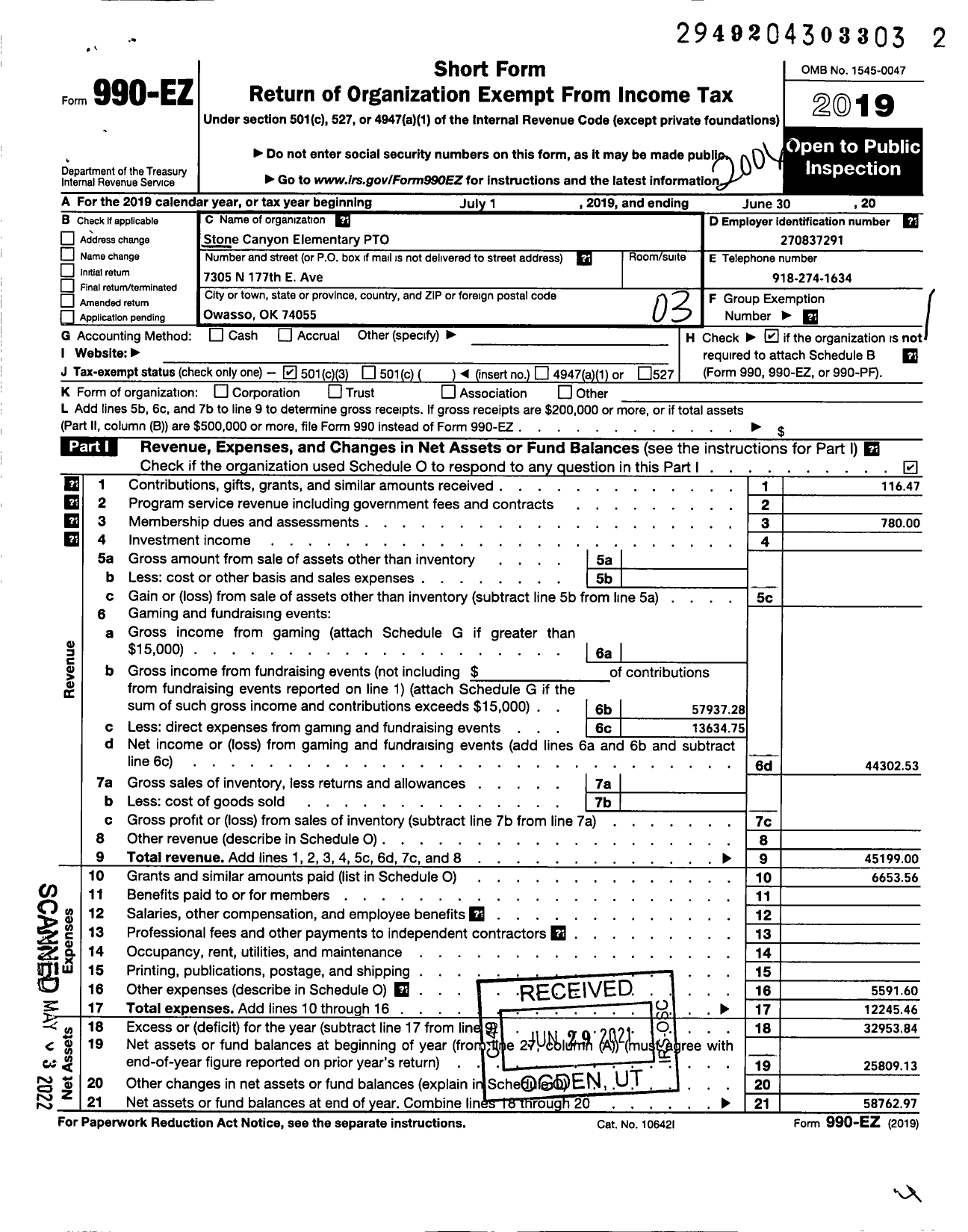 Image of first page of 2019 Form 990EZ for Pto Stone Canyon Elementary