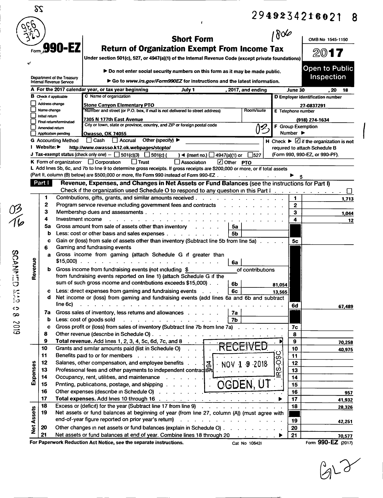 Image of first page of 2017 Form 990EZ for Pto Stone Canyon Elementary