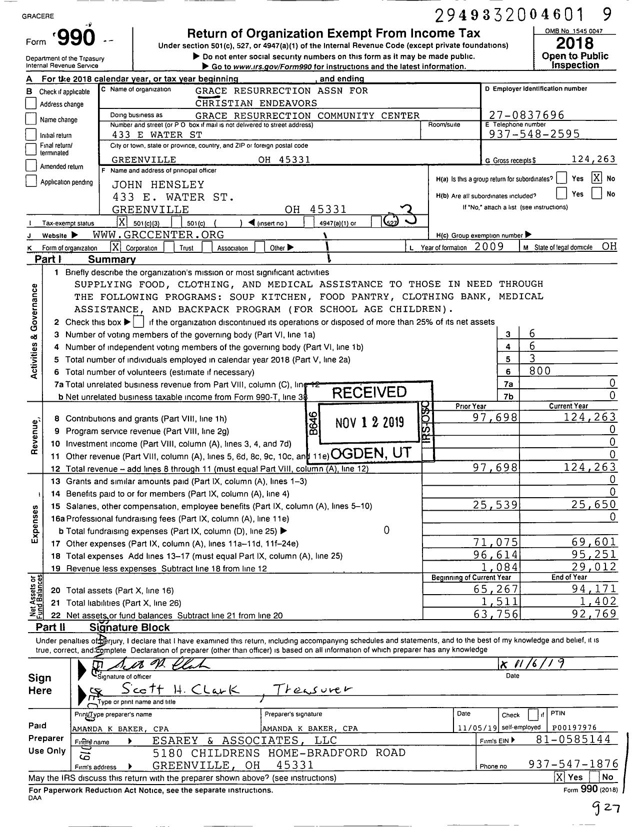 Image of first page of 2018 Form 990 for Grace Resurrection Community Center