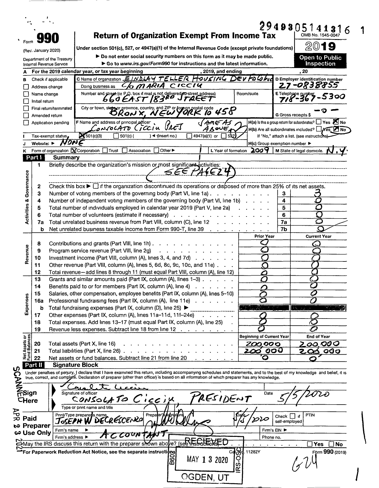 Image of first page of 2019 Form 990 for Findlay Teller Housing Development Fund