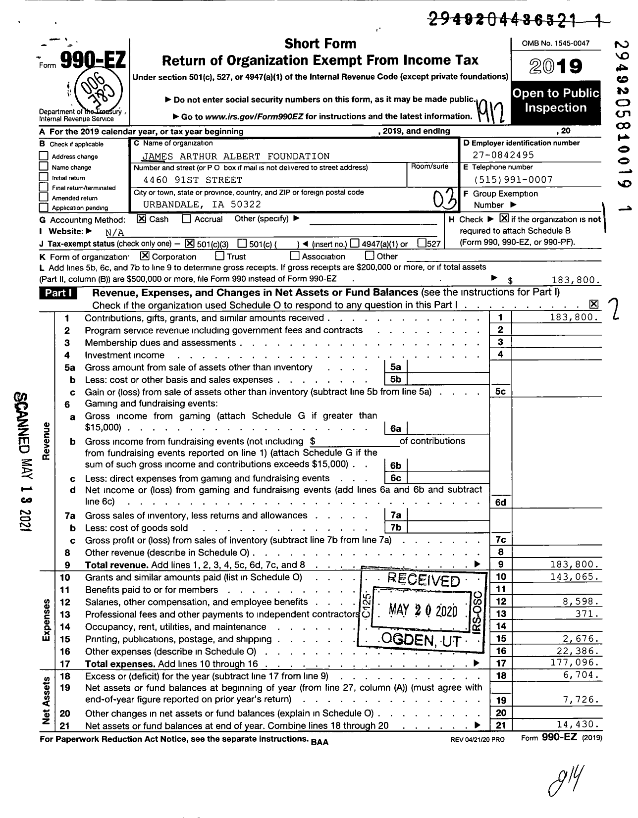 Image of first page of 2019 Form 990EZ for James Arthur Albert Foundation