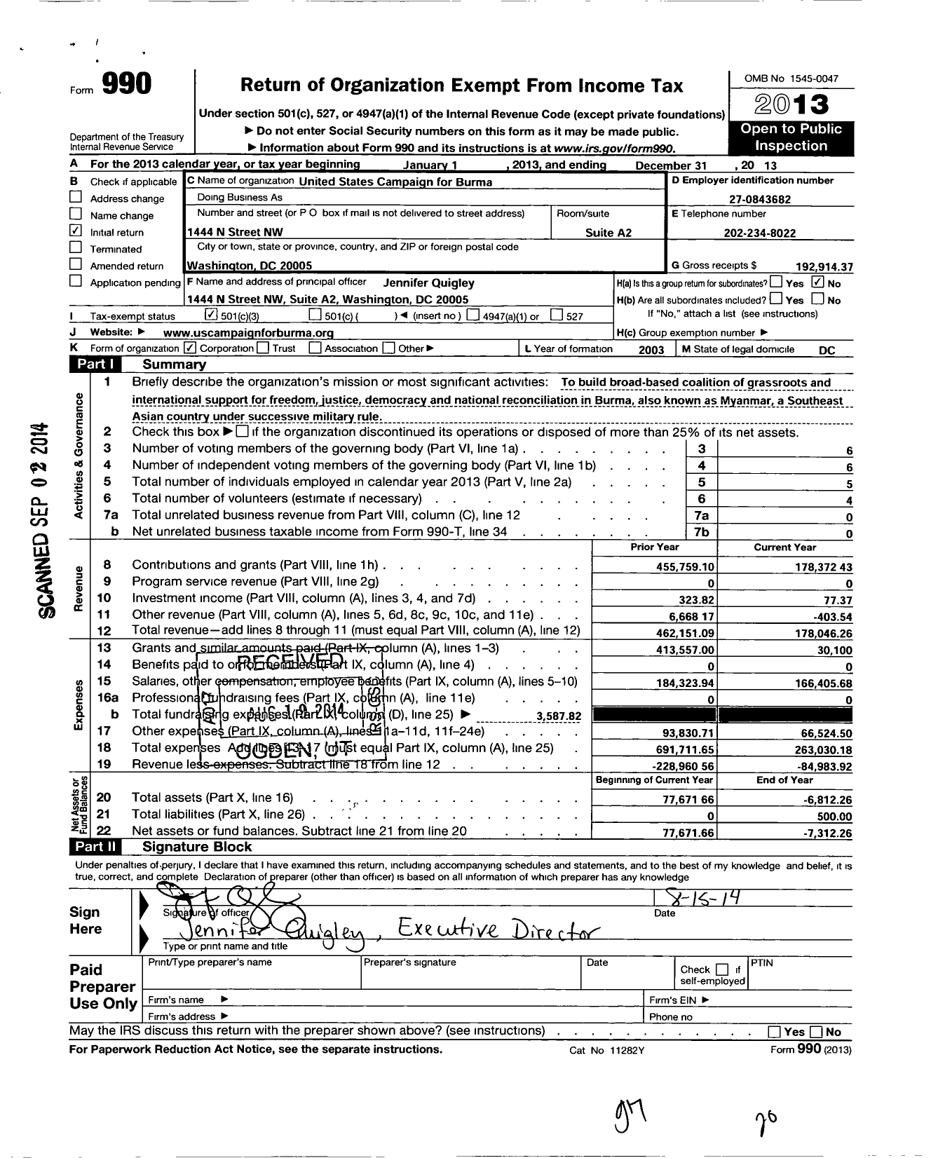 Image of first page of 2013 Form 990 for United States Campaign for Burma