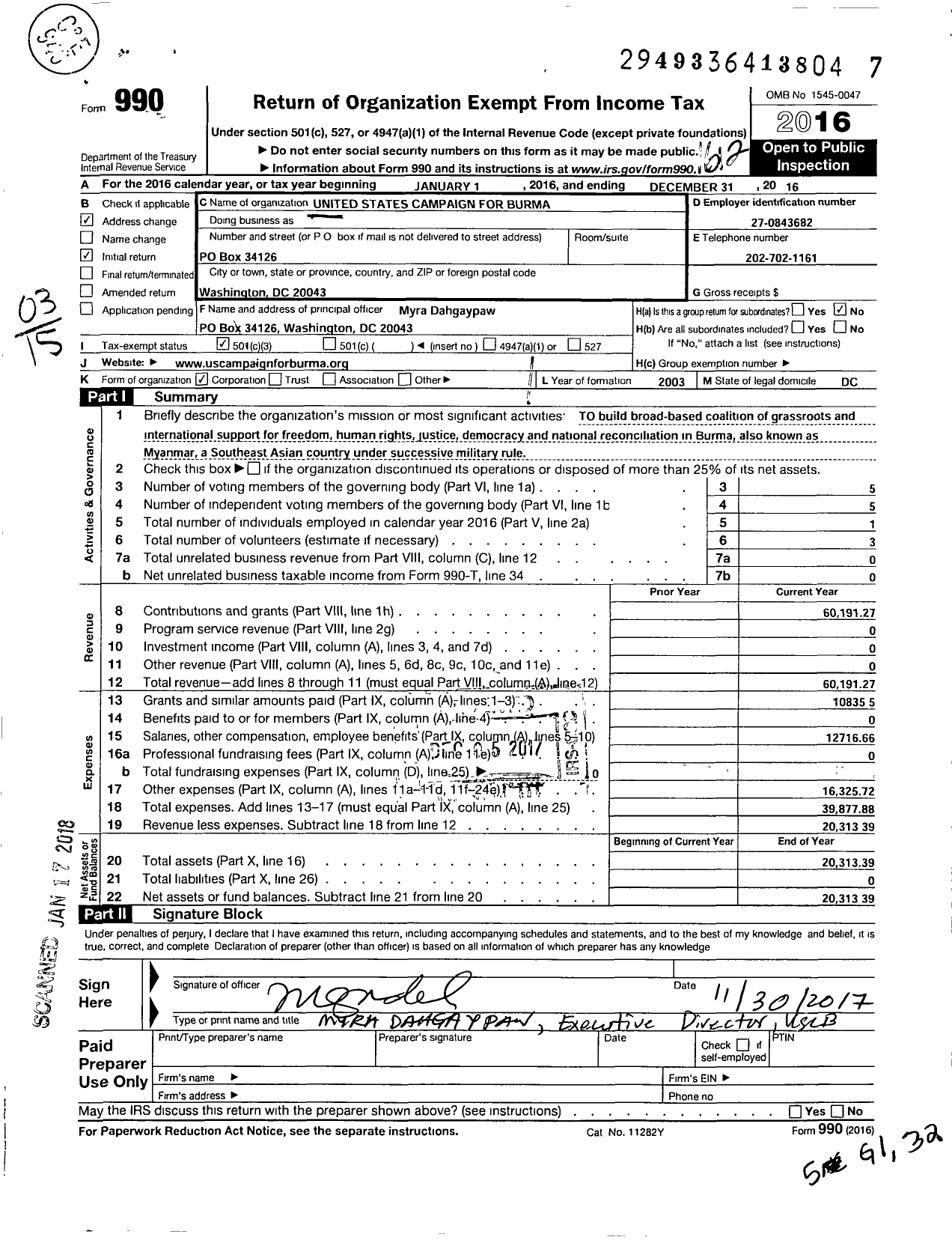 Image of first page of 2016 Form 990 for United States Campaign for Burma