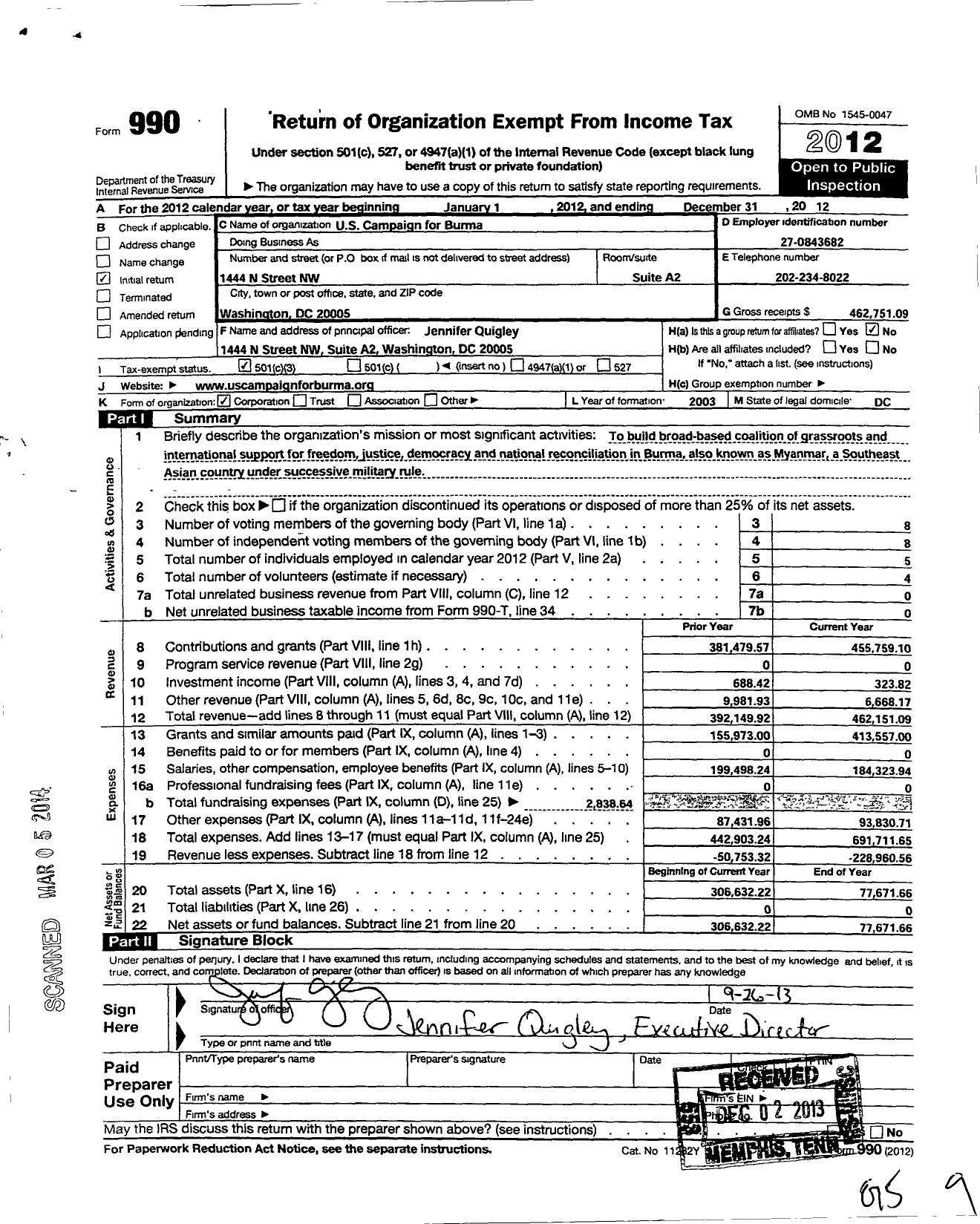 Image of first page of 2012 Form 990 for United States Campaign for Burma