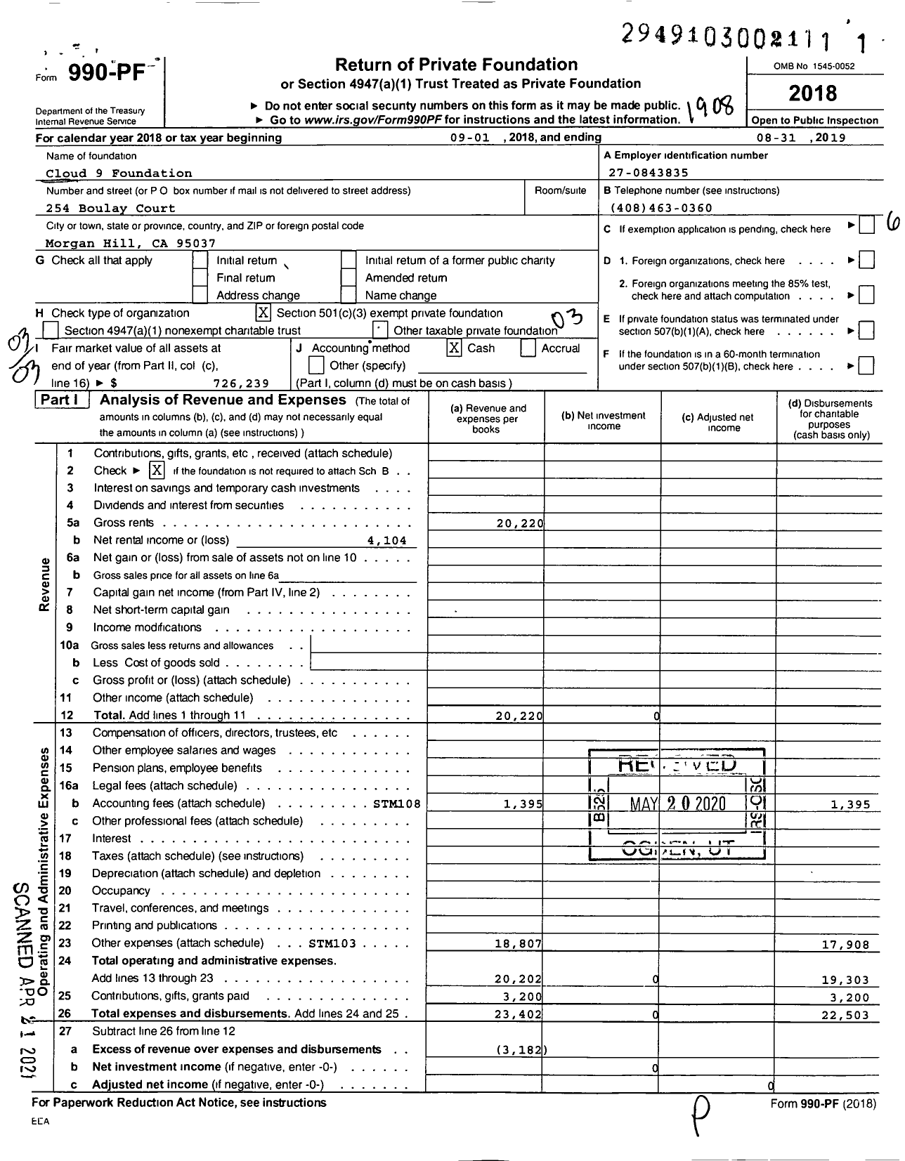 Image of first page of 2018 Form 990PF for Cloud 9 Foundation