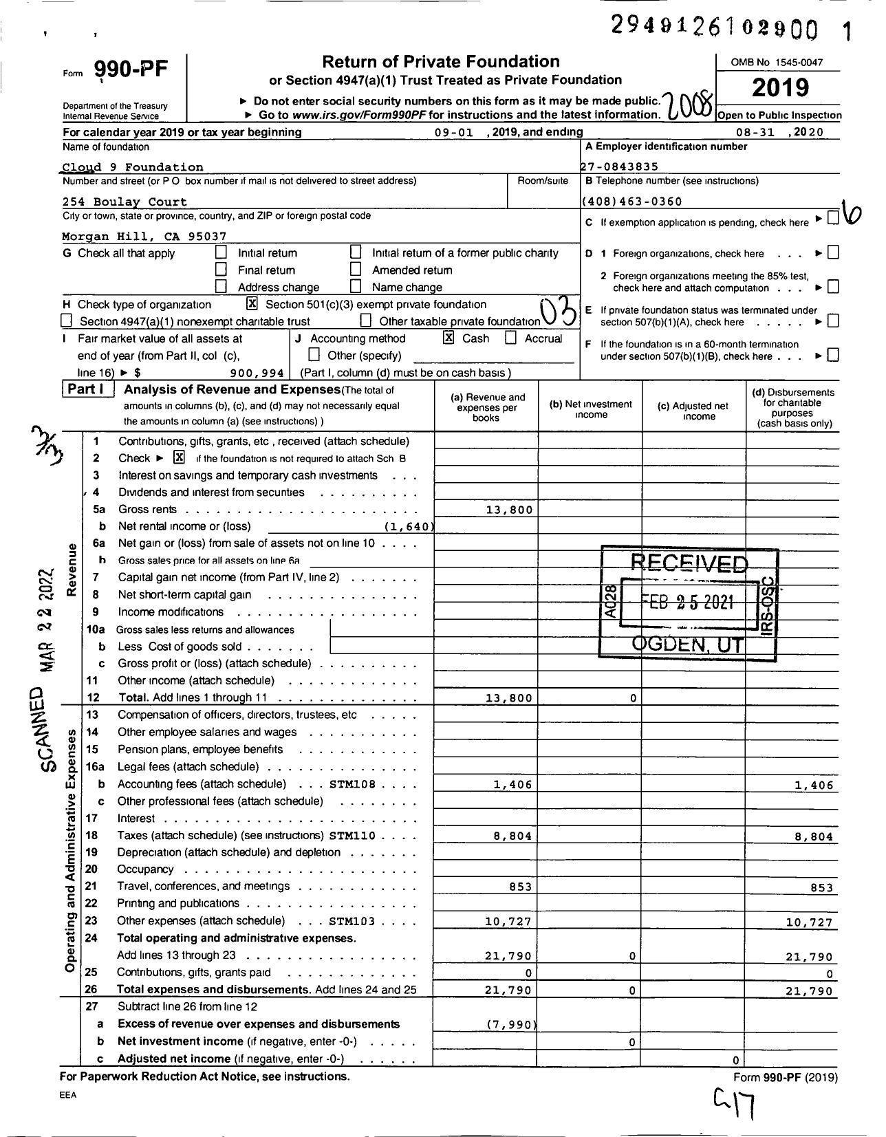 Image of first page of 2019 Form 990PF for Cloud 9 Foundation