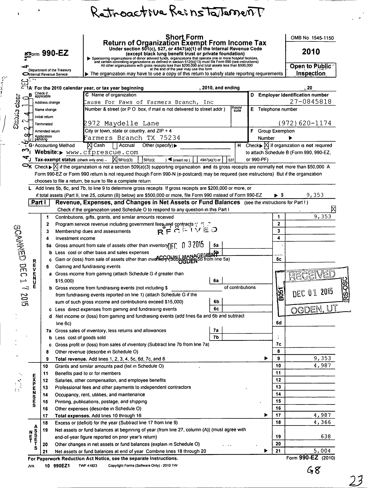 Image of first page of 2010 Form 990EZ for Cause for Paws of Farmers Branch