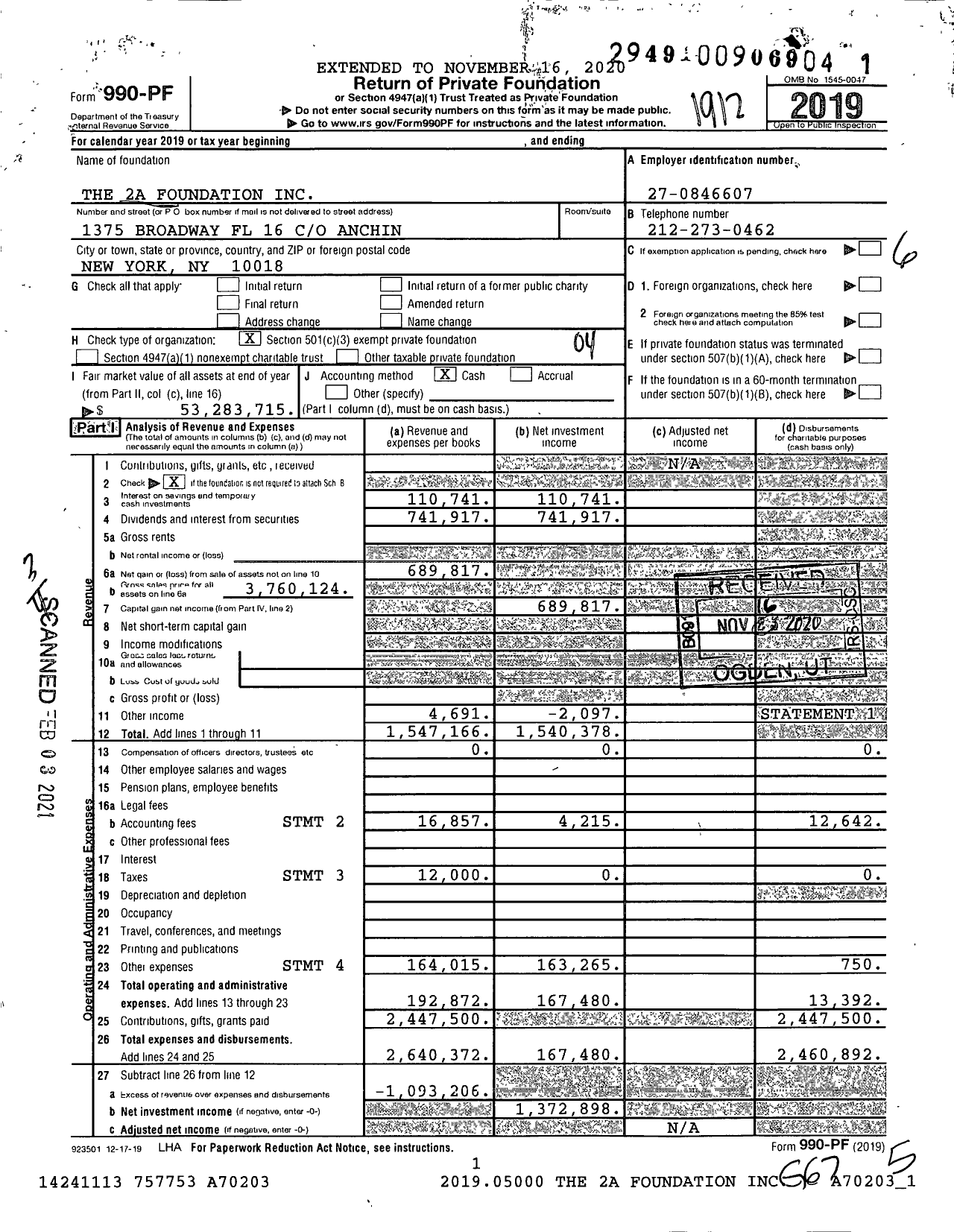 Image of first page of 2019 Form 990PF for The 2a Foundation (SAF)