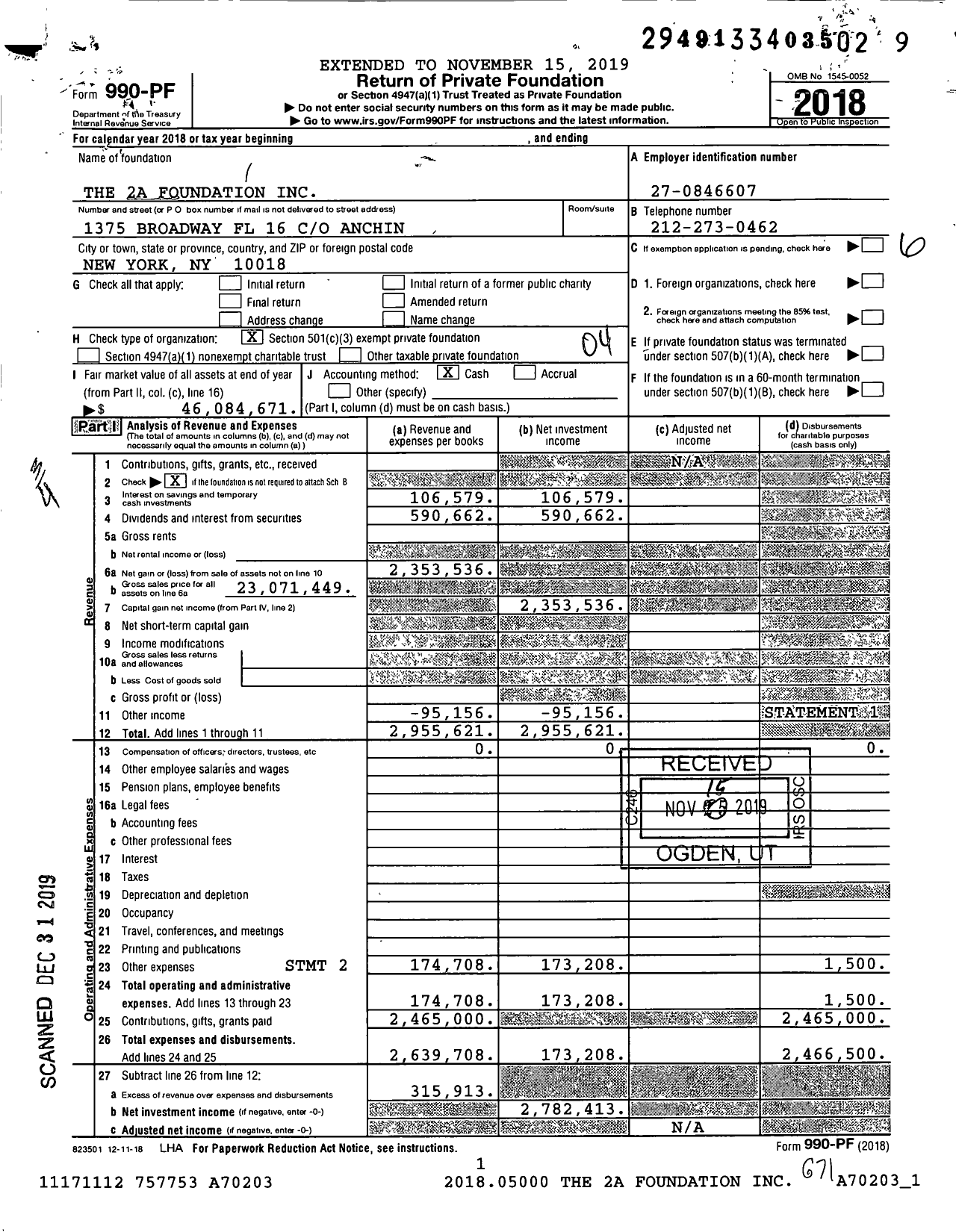 Image of first page of 2018 Form 990PF for The 2a Foundation (SAF)