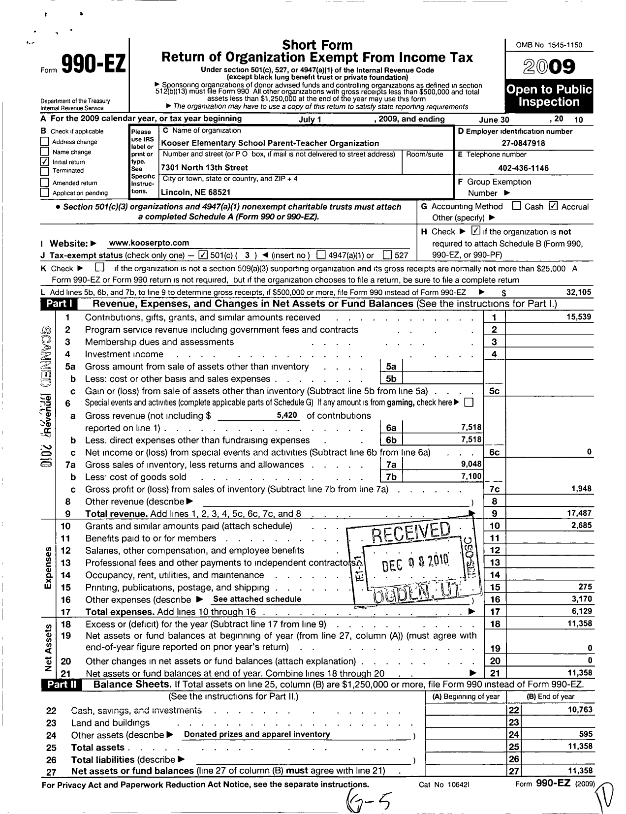 Image of first page of 2009 Form 990EZ for Kooser Elementary School Parent Teacher Organization