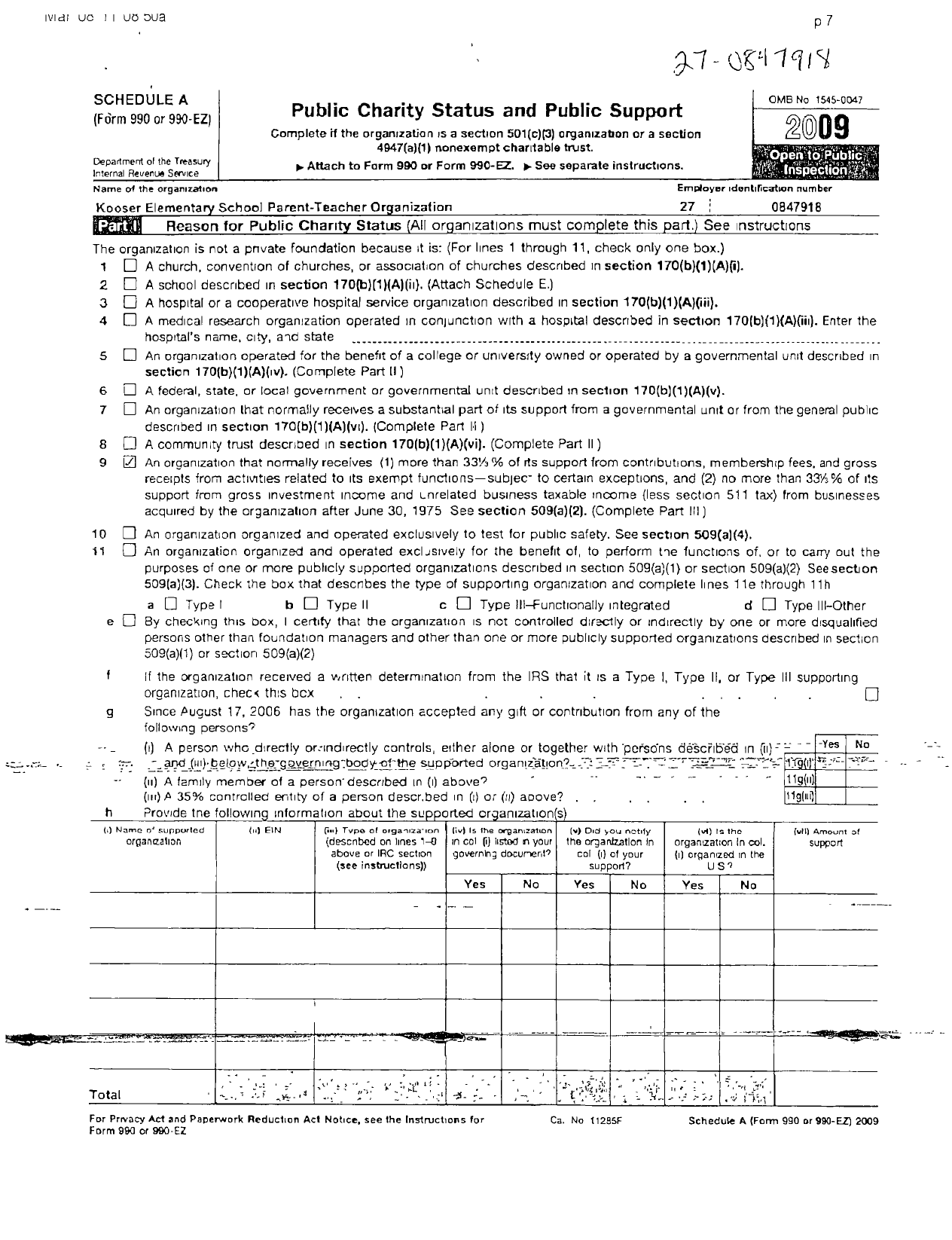 Image of first page of 2009 Form 990ER for Kooser Elementary School Parent Teacher Organization