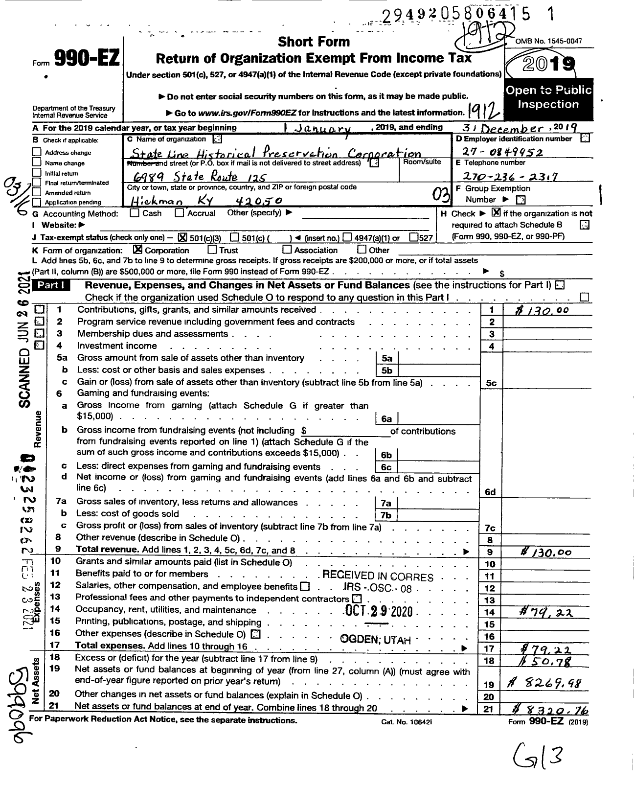 Image of first page of 2019 Form 990EZ for State Line Historical Preservation Corporation