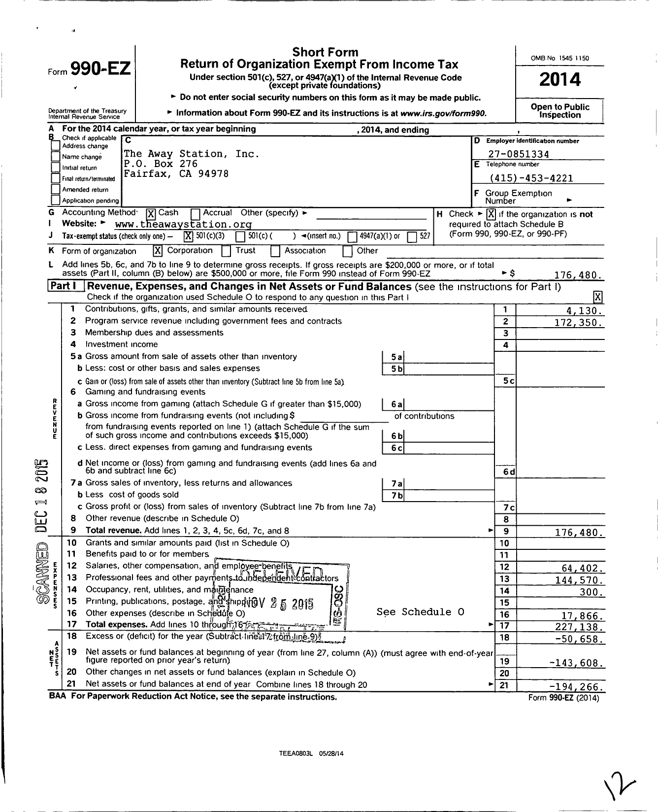 Image of first page of 2014 Form 990EZ for Away Station