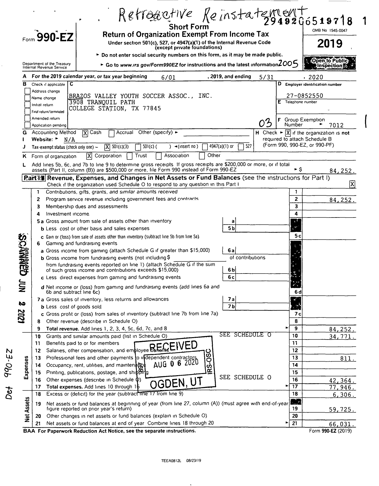 Image of first page of 2019 Form 990EZ for Brazos Valley Youth Soccer Assoc