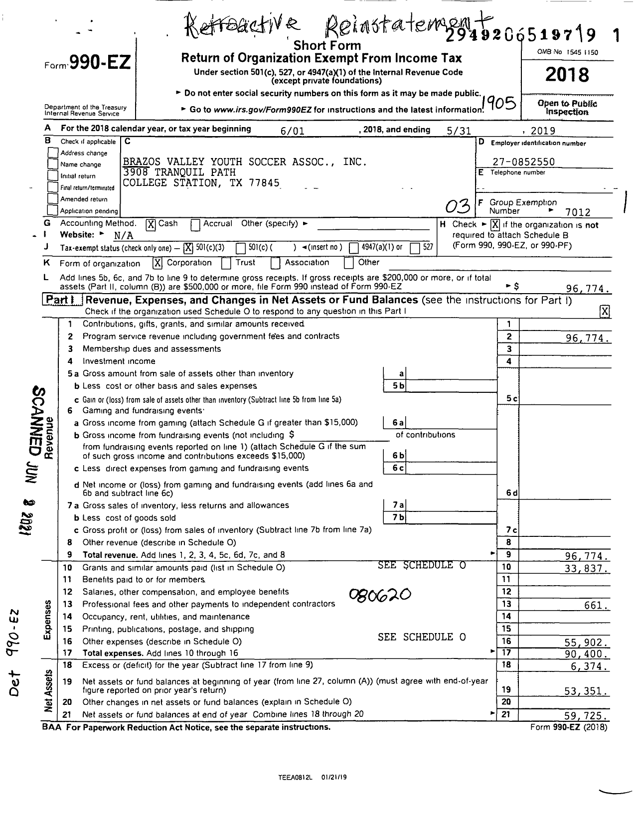 Image of first page of 2018 Form 990EZ for Brazos Valley Youth Soccer Assoc