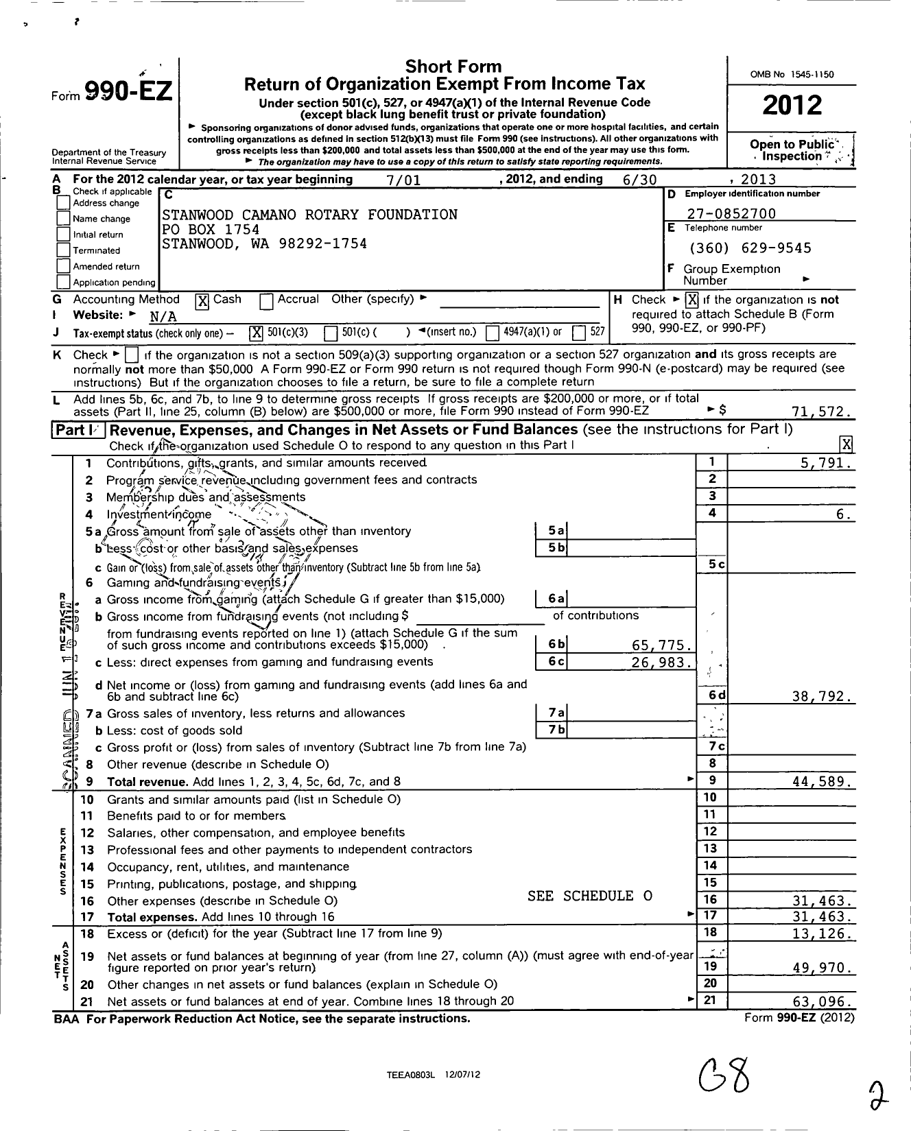 Image of first page of 2012 Form 990EZ for Stanwood Camano Rotary Foundation