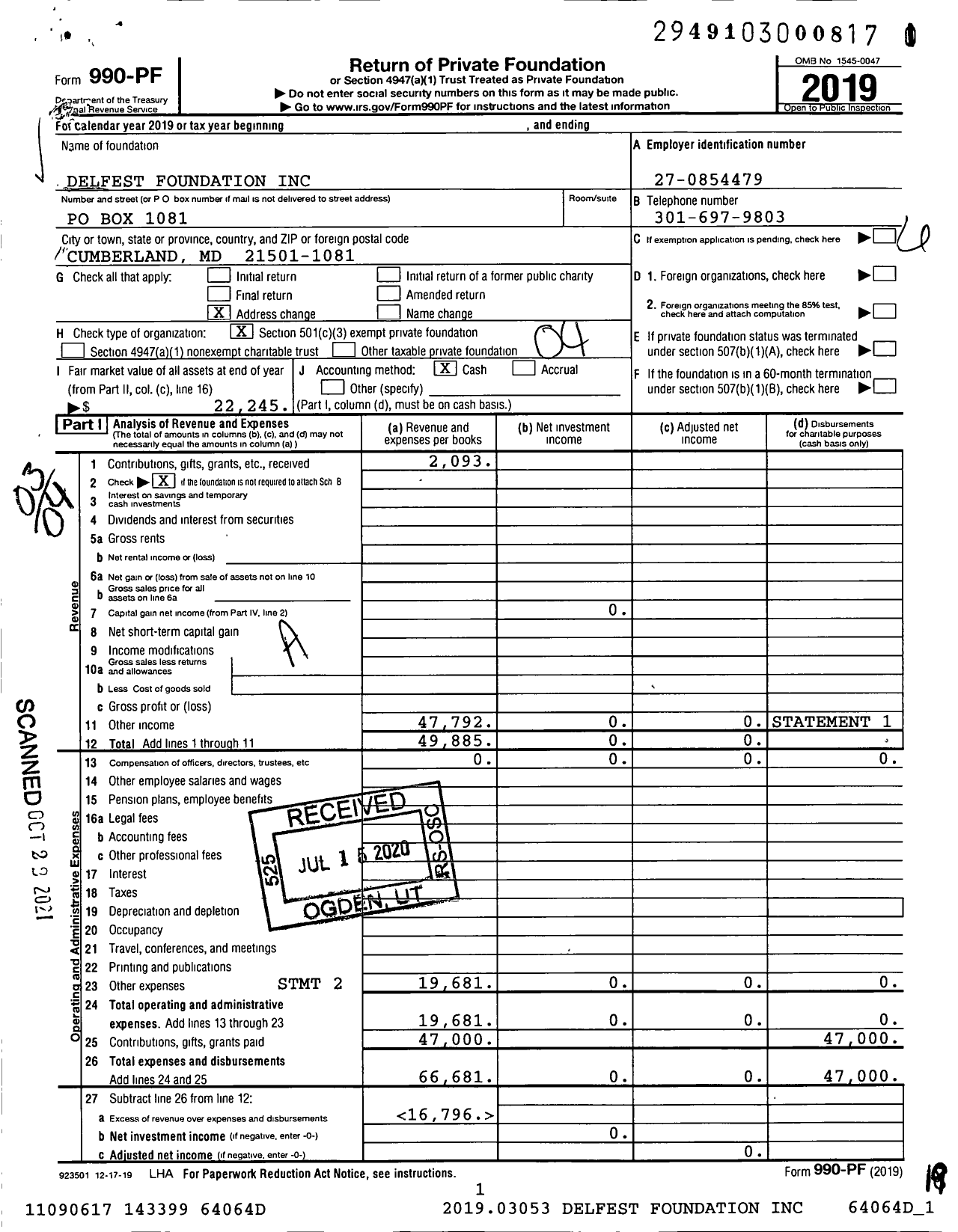 Image of first page of 2019 Form 990PF for Delfest Foundation