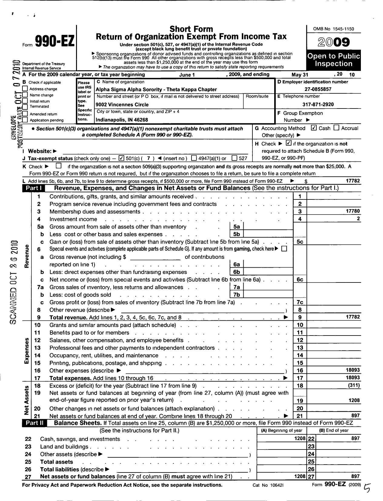 Image of first page of 2009 Form 990EO for Alpha Sigma Alpha Kingsville Colony