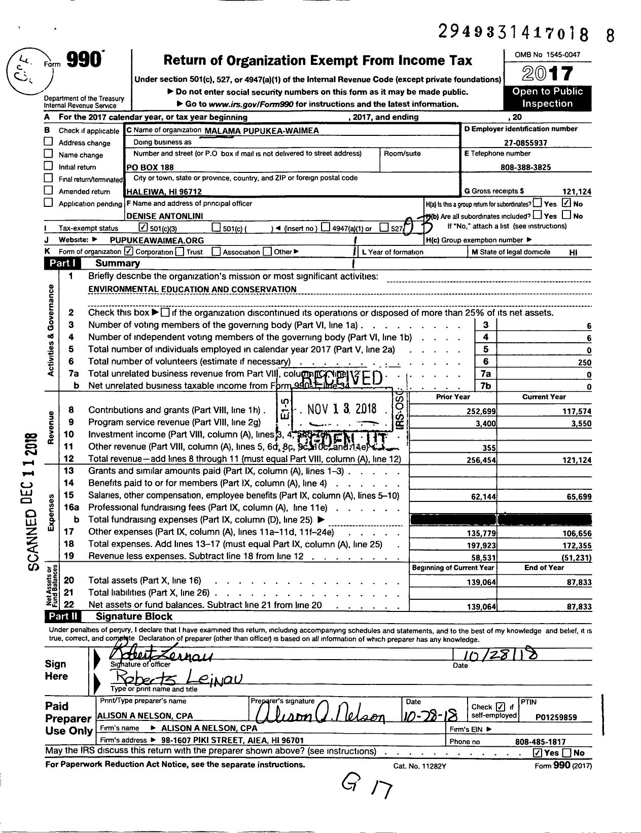 Image of first page of 2017 Form 990 for Malama Pupukea-Waimea