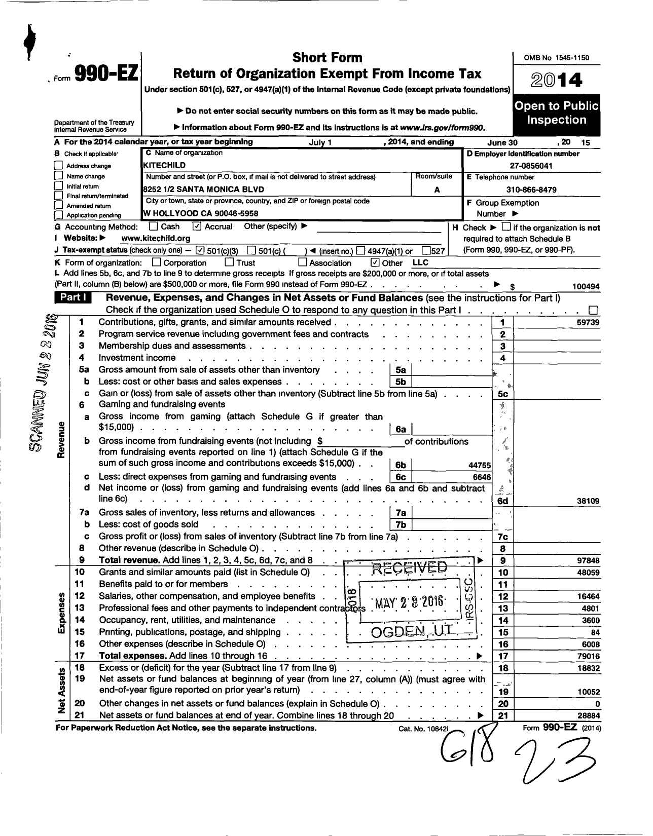 Image of first page of 2014 Form 990EZ for Kitechild