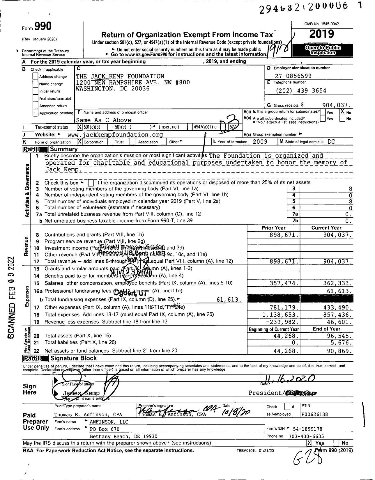 Image of first page of 2019 Form 990 for The Jack Kemp Foundation