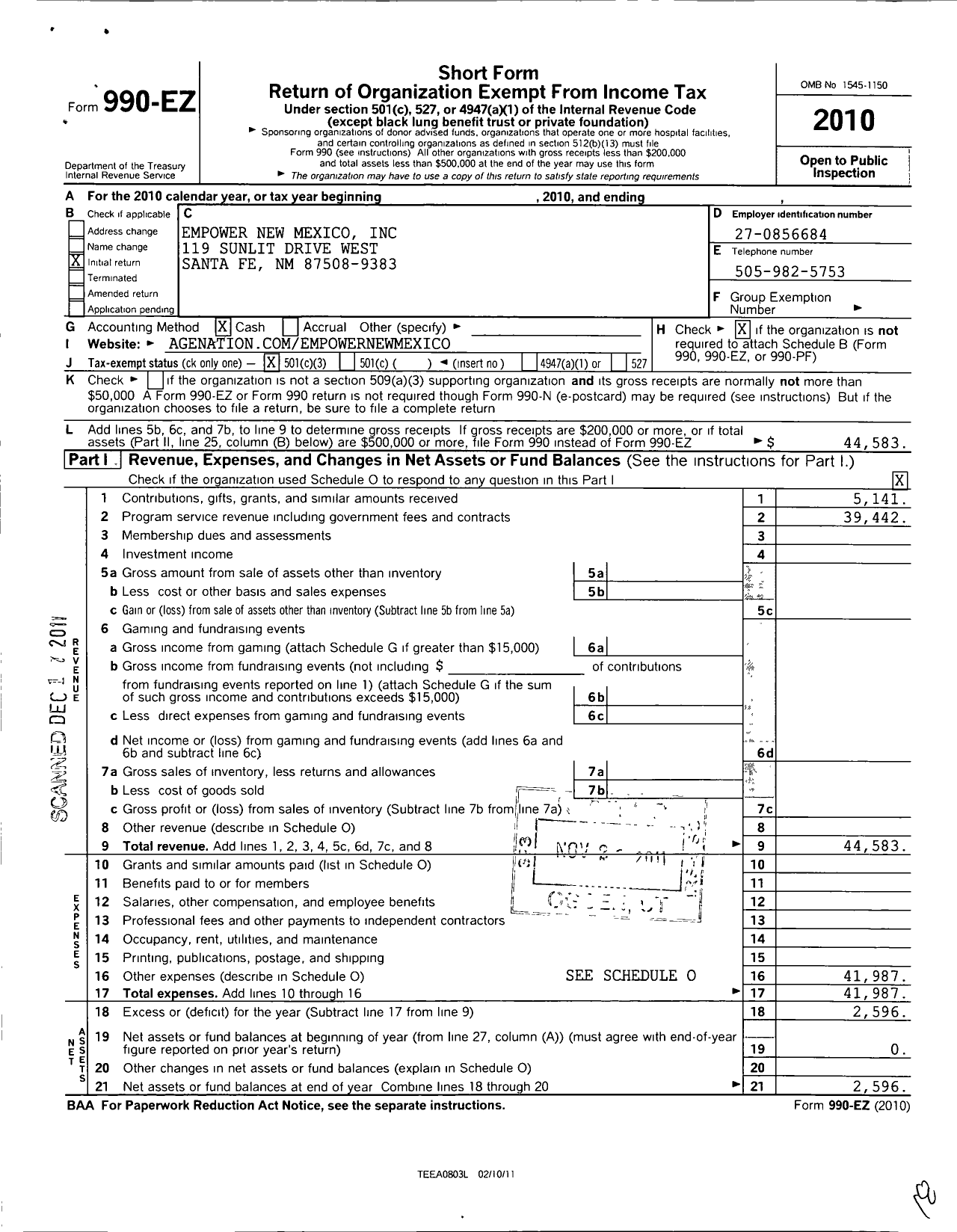 Image of first page of 2010 Form 990EZ for Empower New Mexico