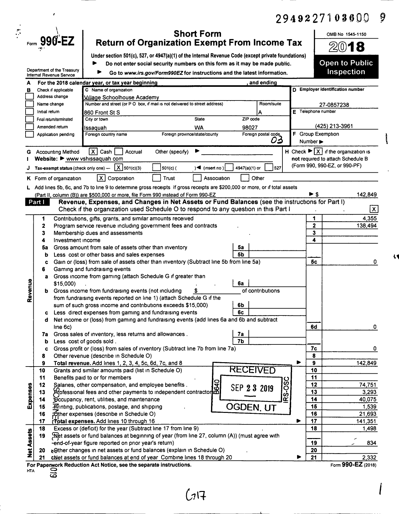 Image of first page of 2018 Form 990EZ for Village Schoolhouse Academy