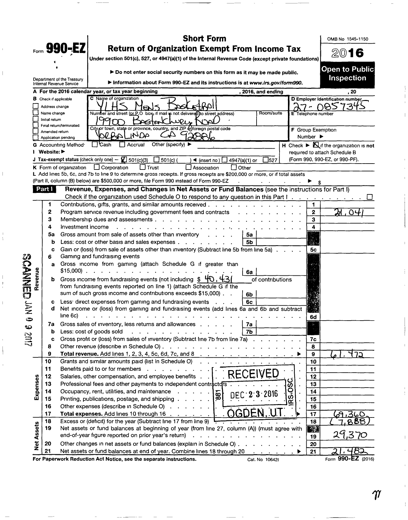 Image of first page of 2016 Form 990EZ for Ylhs Mens Basketball Boosters