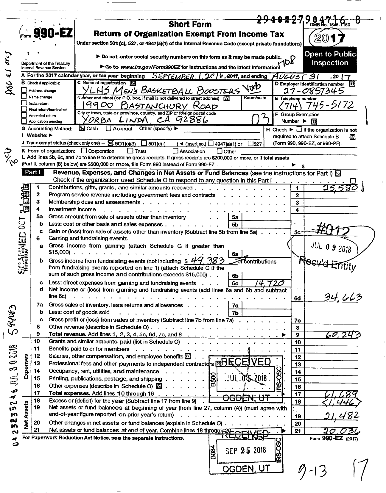 Image of first page of 2016 Form 990EZ for Ylhs Mens Basketball Boosters