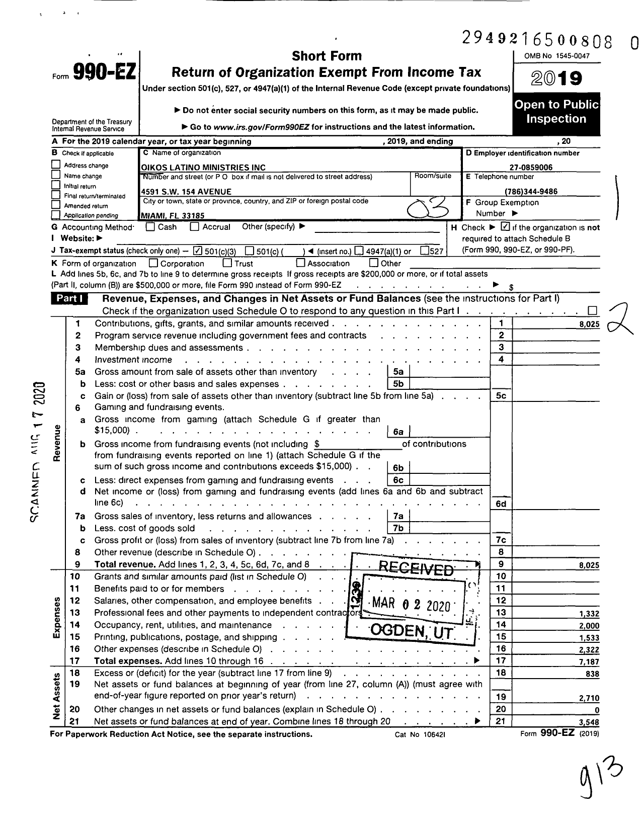 Image of first page of 2019 Form 990EZ for Oikos Latino Ministries