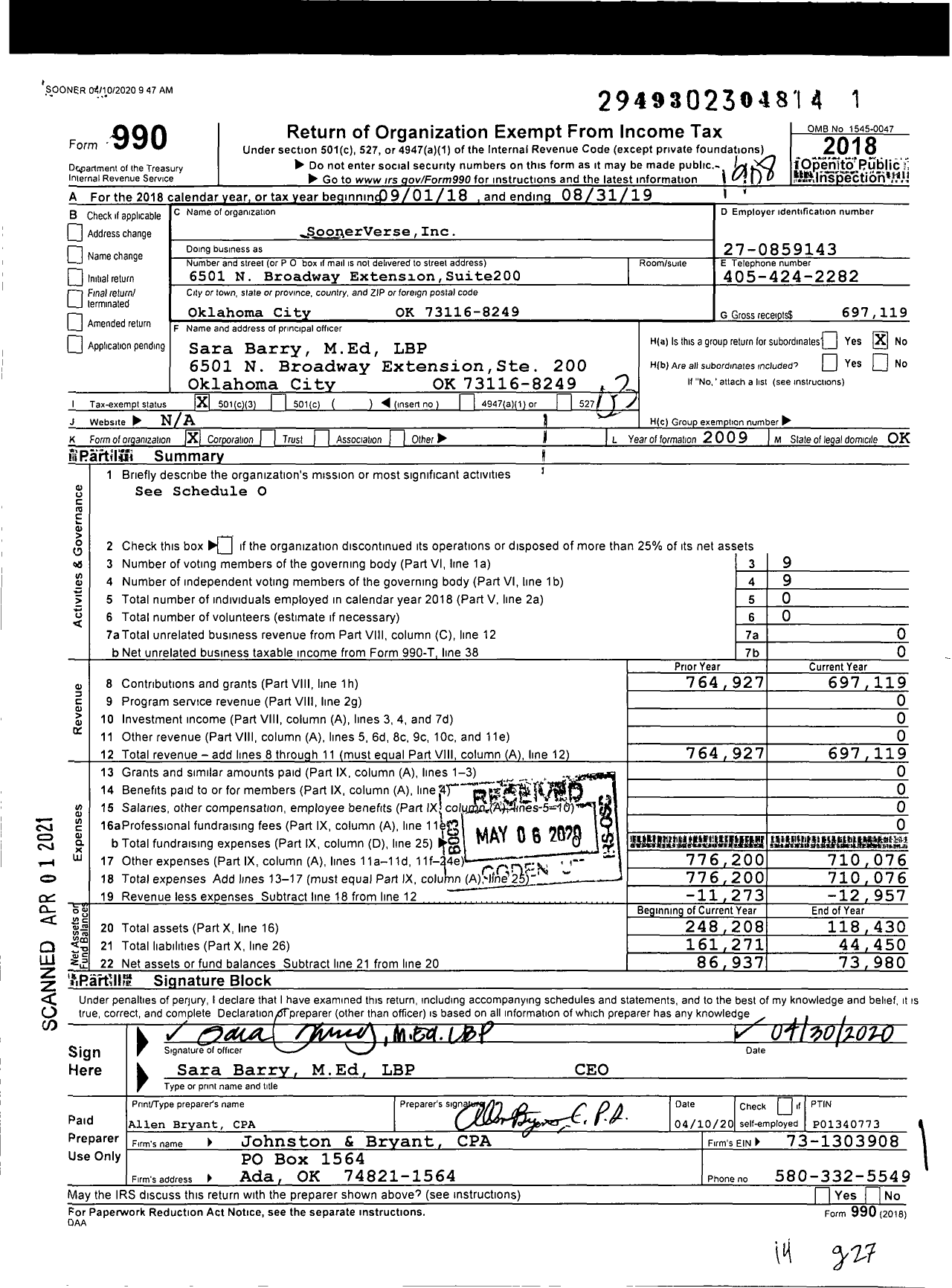 Image of first page of 2018 Form 990 for Soonerverse