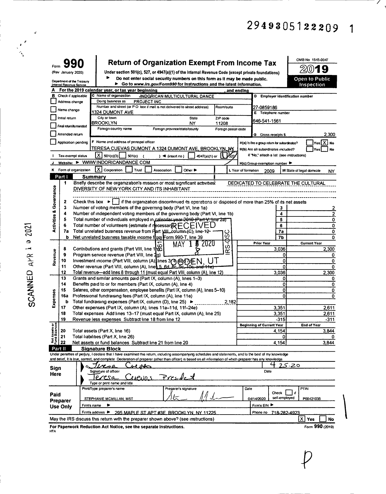 Image of first page of 2019 Form 990 for Indorican Multicultural Dance Project