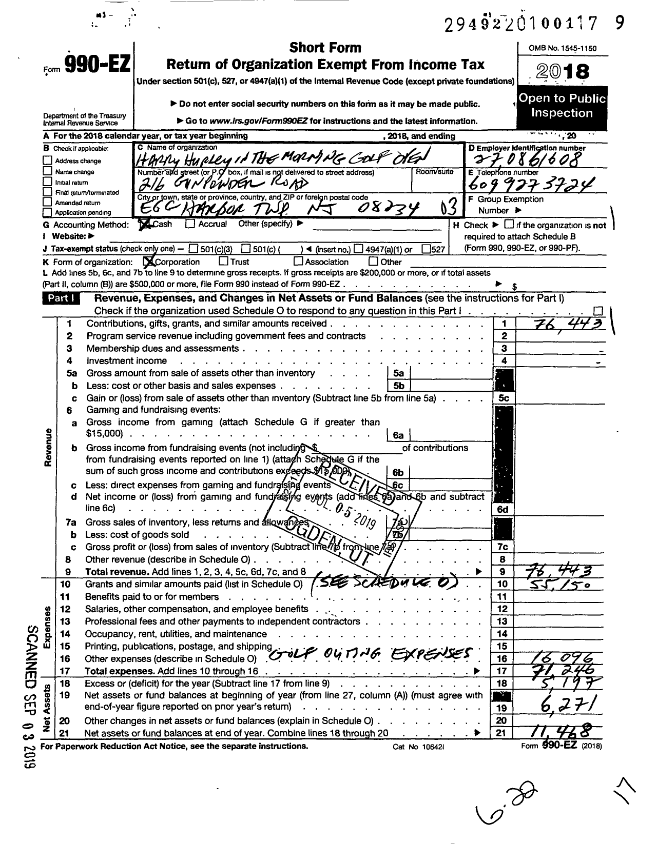 Image of first page of 2018 Form 990EZ for Harry Hurley in the Moring Golf Open