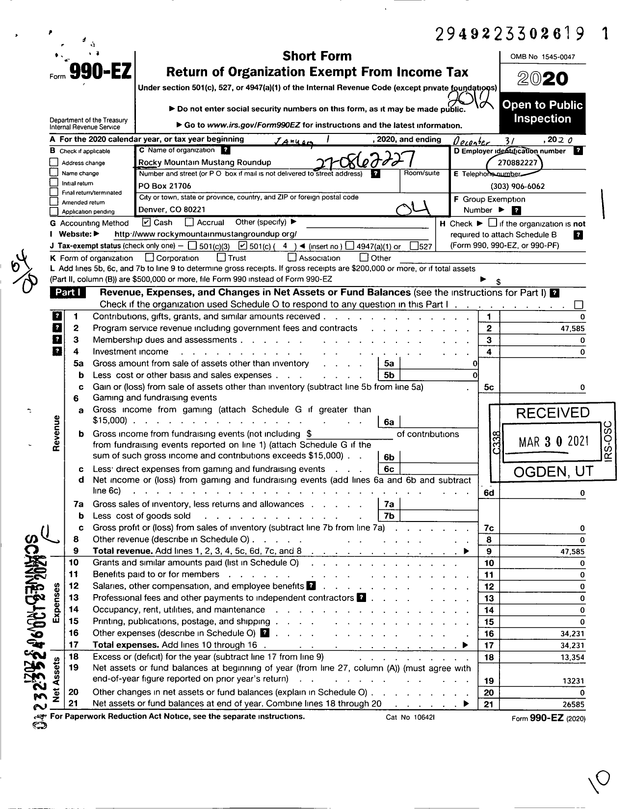 Image of first page of 2020 Form 990EO for Rocky Mountain Mustang Roundup