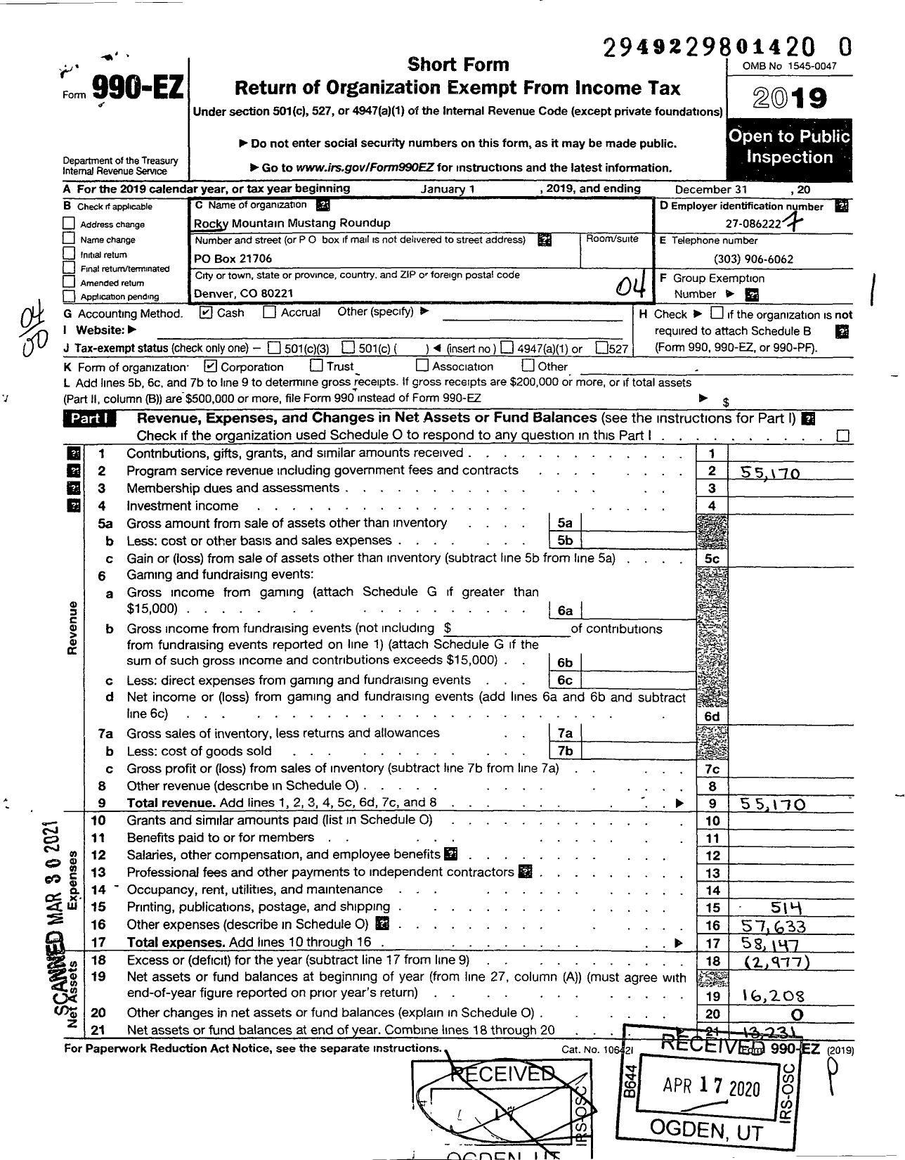 Image of first page of 2019 Form 990EO for Rocky Mountain Mustang Roundup