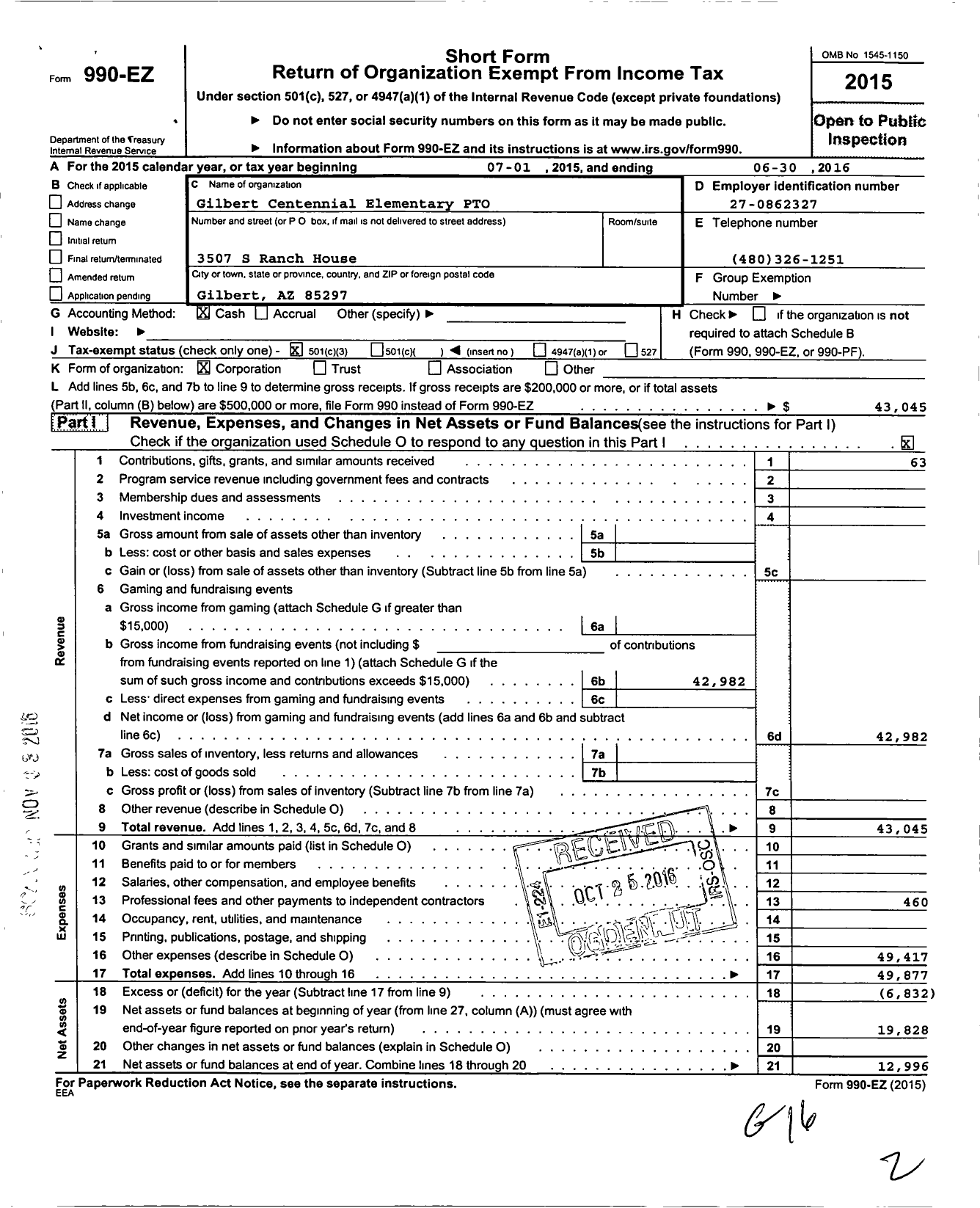 Image of first page of 2015 Form 990EZ for Gilbert Centennial Elementary Parent Teacher Org