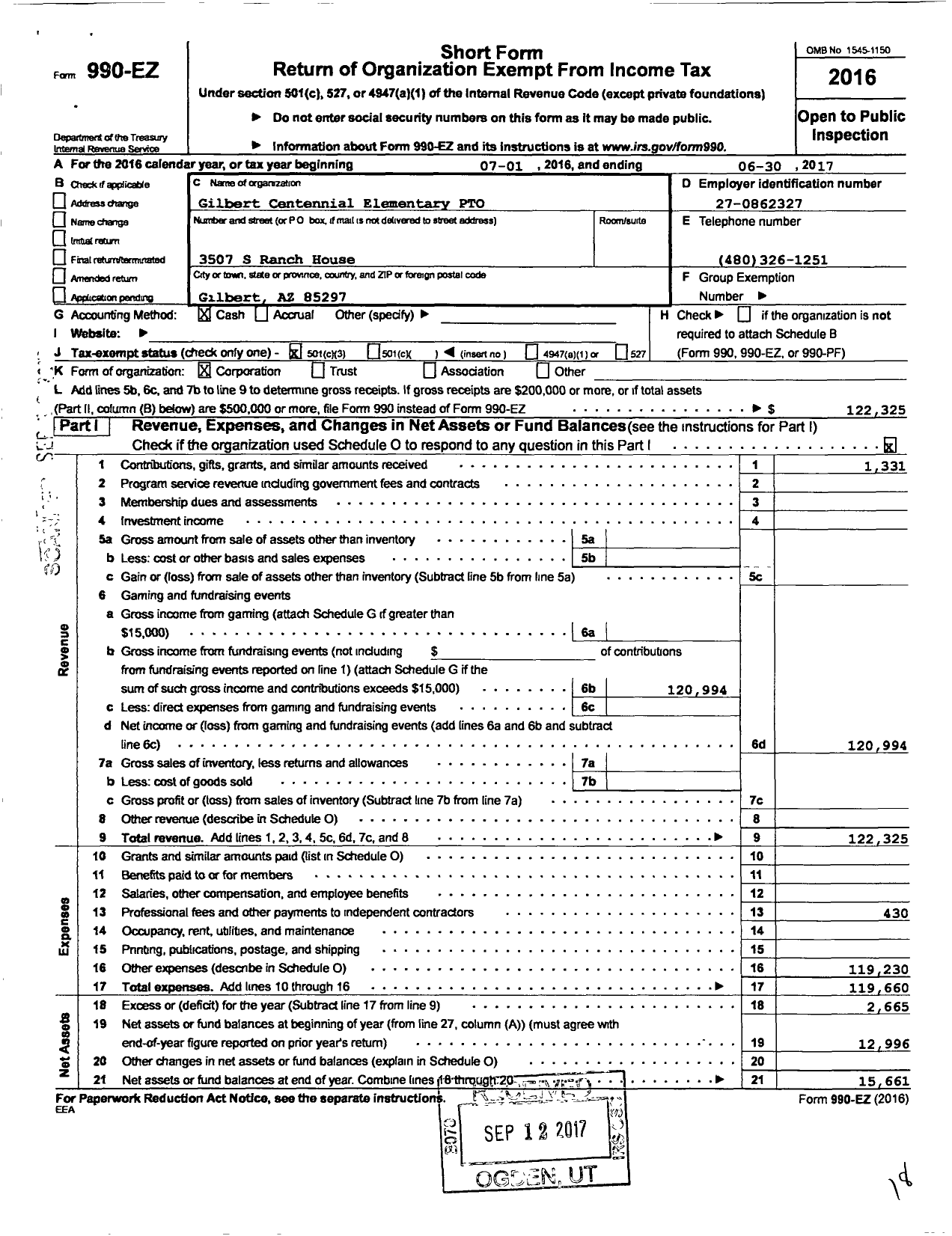 Image of first page of 2016 Form 990EZ for Gilbert Centennial Elementary Parent Teacher Org