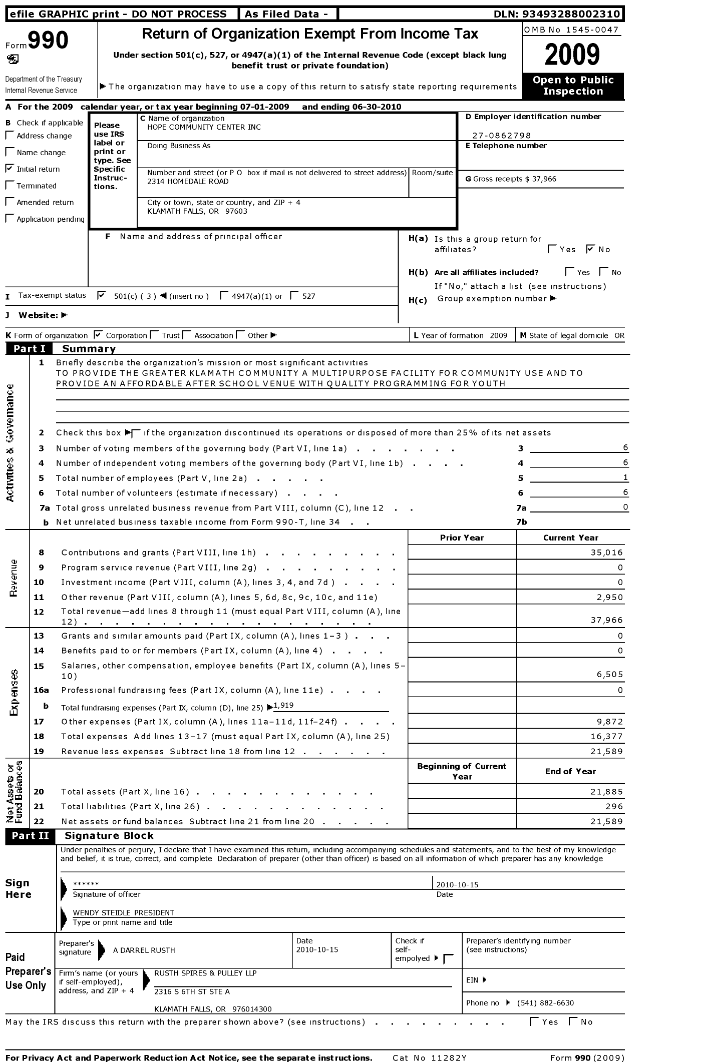 Image of first page of 2009 Form 990 for Hope Community Center