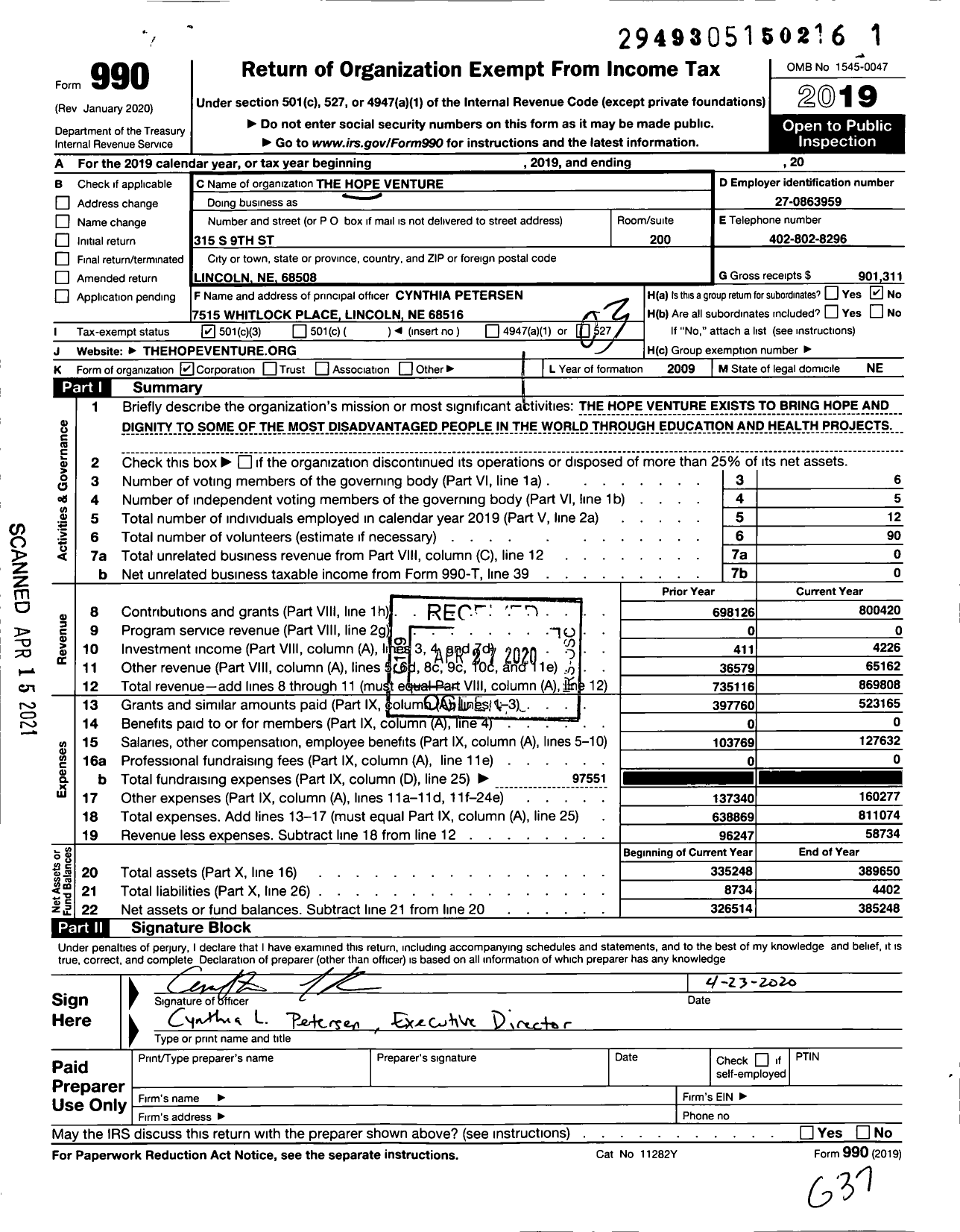 Image of first page of 2019 Form 990 for The Hope Venture