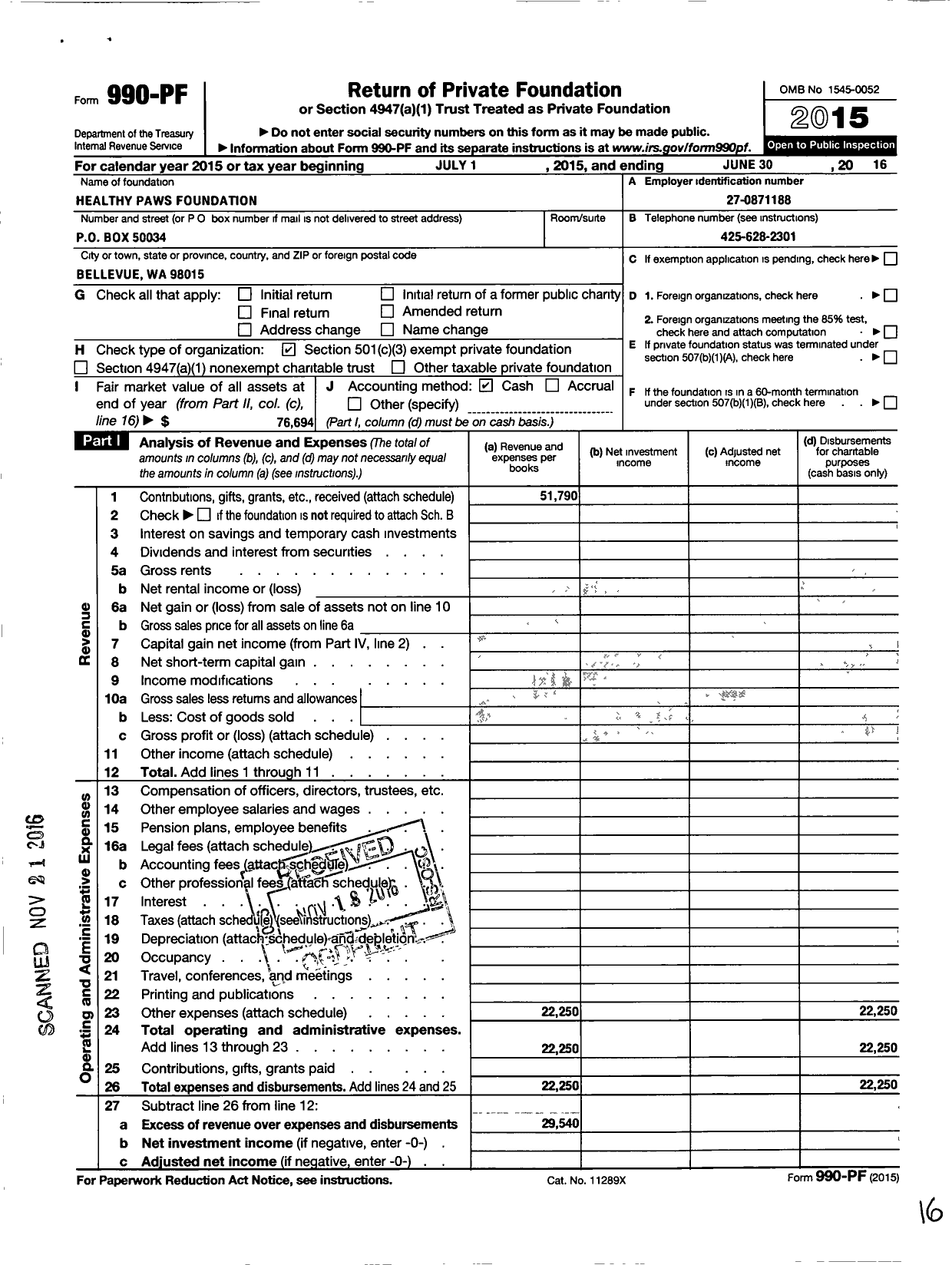 Image of first page of 2015 Form 990PF for Healthy Paws Foundation