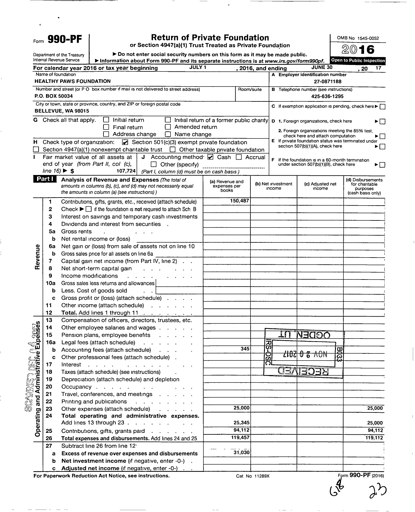 Image of first page of 2016 Form 990PF for Healthy Paws Foundation