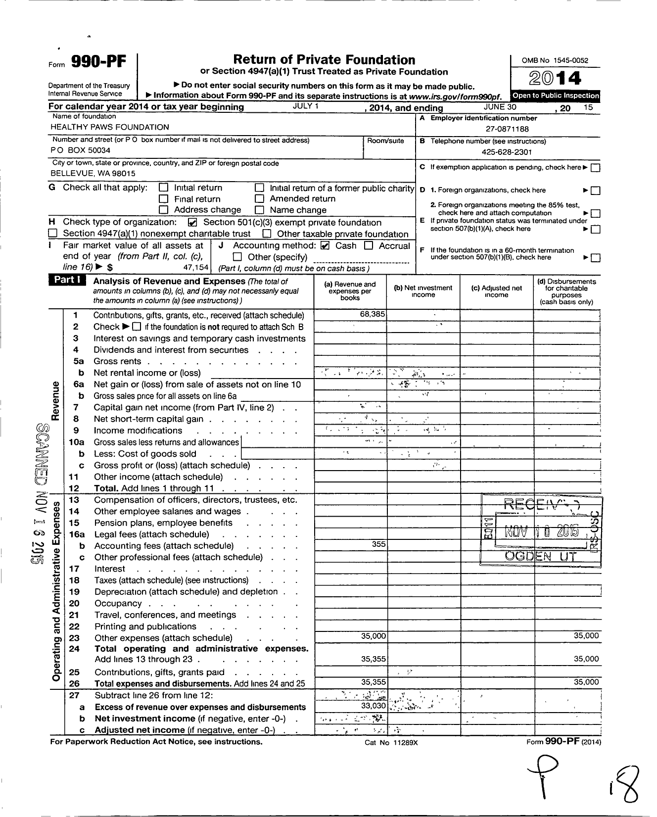 Image of first page of 2014 Form 990PF for Healthy Paws Foundation