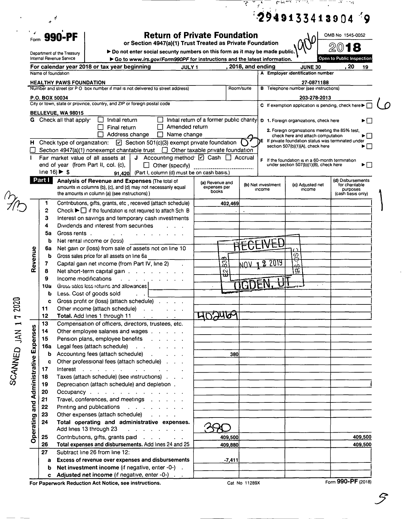 Image of first page of 2018 Form 990PF for Healthy Paws Foundation