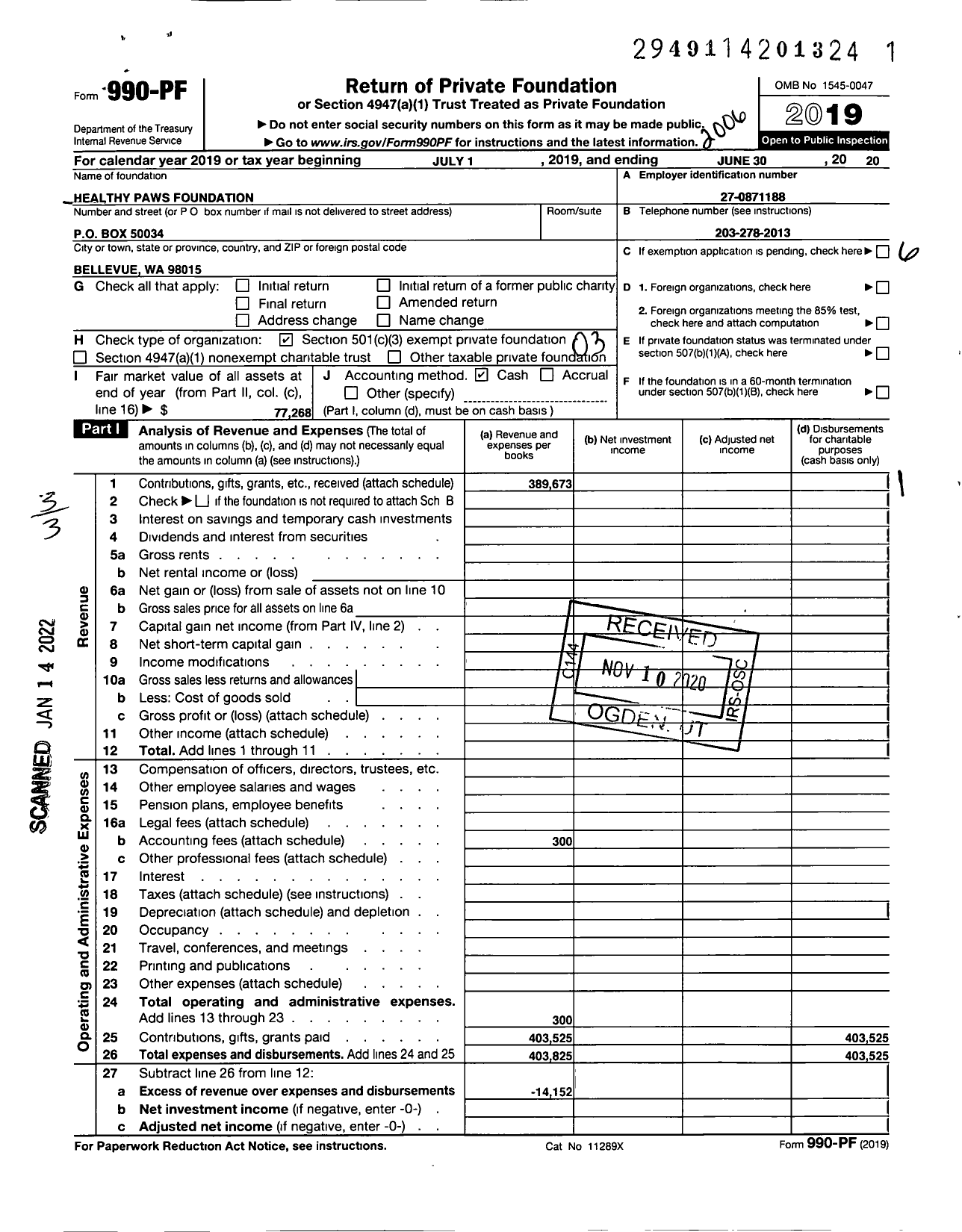 Image of first page of 2019 Form 990PF for Healthy Paws Foundation