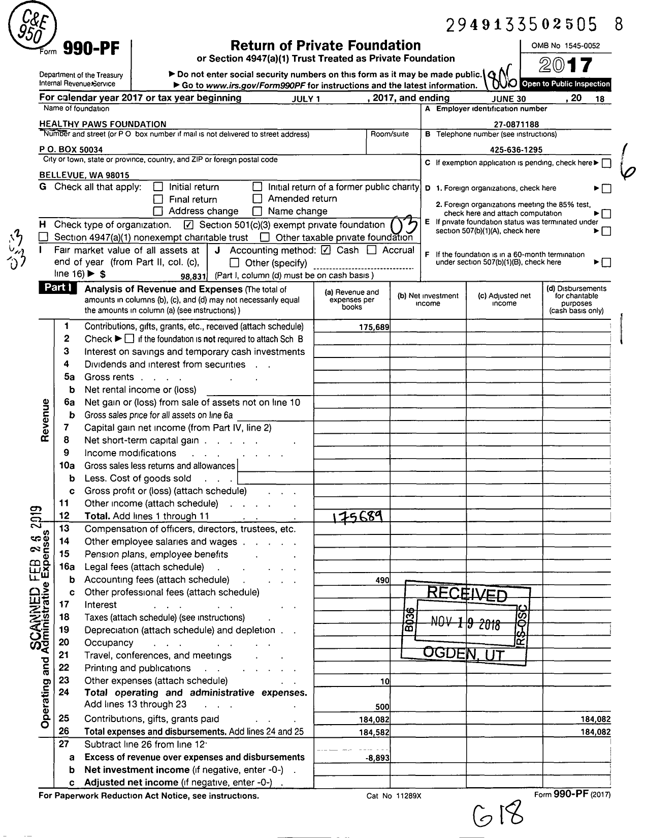 Image of first page of 2017 Form 990PF for Healthy Paws Foundation