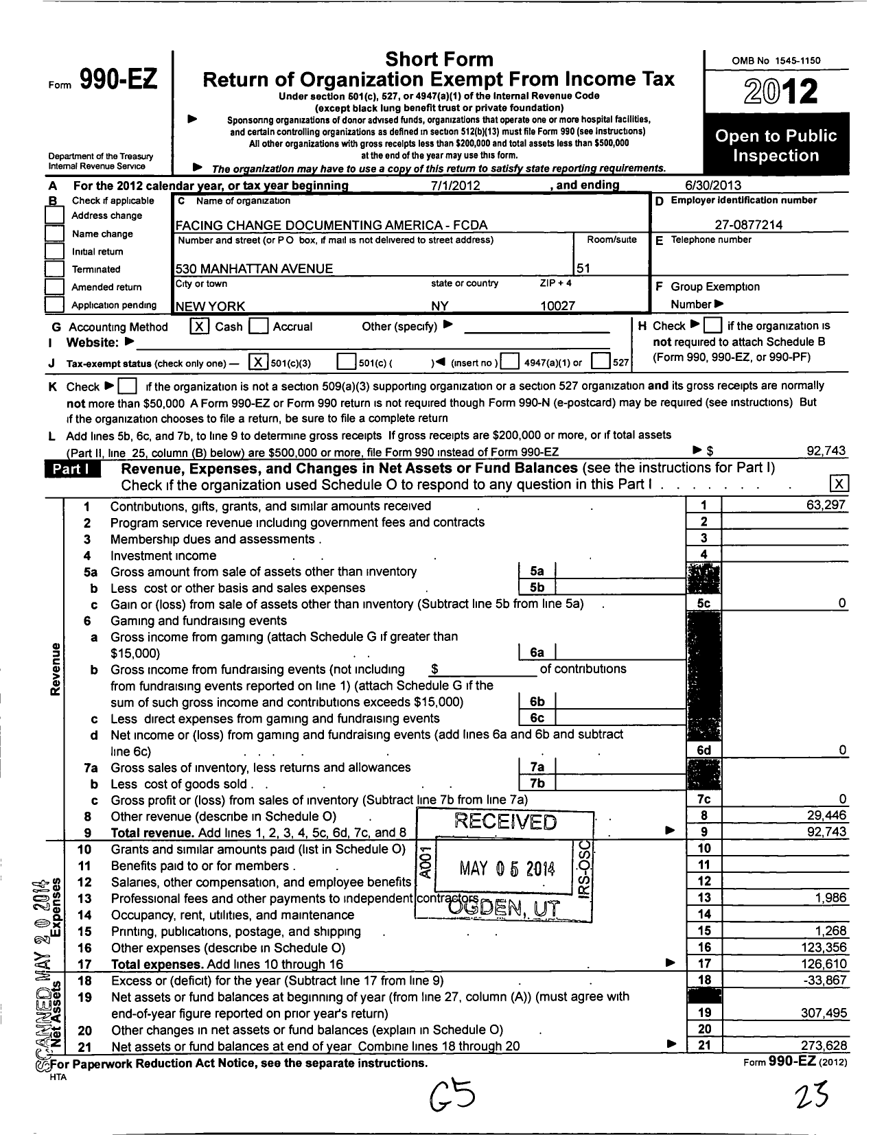 Image of first page of 2012 Form 990EZ for Facing Change Documenting America (FCDA)