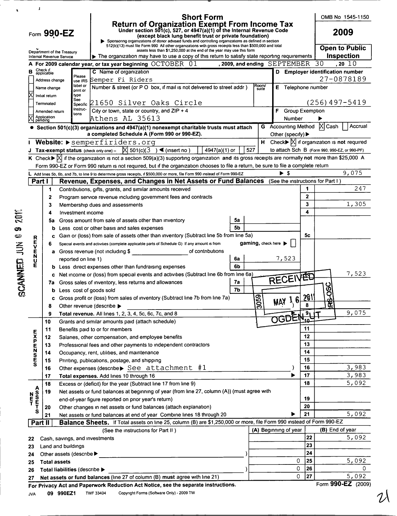 Image of first page of 2009 Form 990EZ for Semper Fi Riders