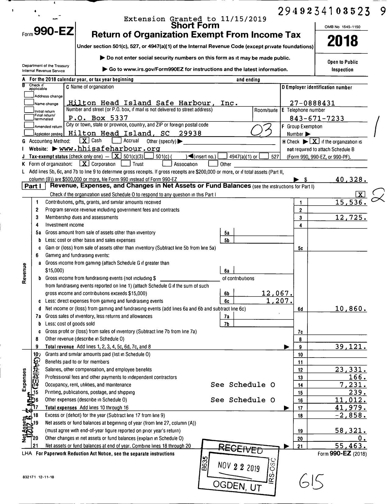 Image of first page of 2018 Form 990EZ for Hilton Head Island Safe Harbor