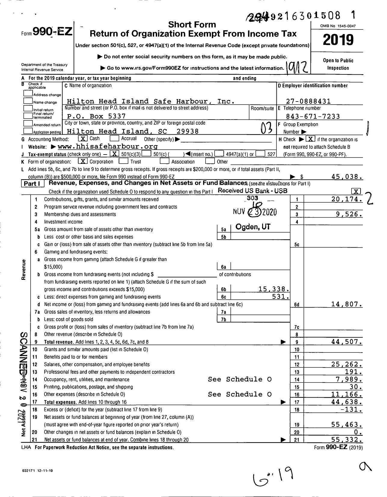 Image of first page of 2019 Form 990EZ for Hilton Head Island Safe Harbor